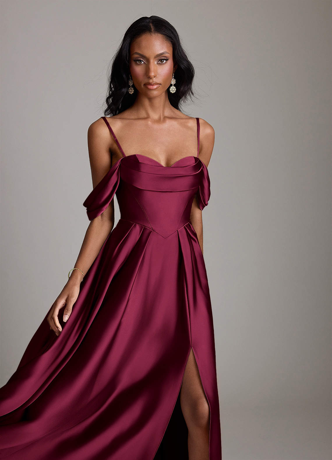 Azazie Loisa Bridesmaid Dresses Burgundy A-Line Off the Shoulder Stretch Satin Dress image2