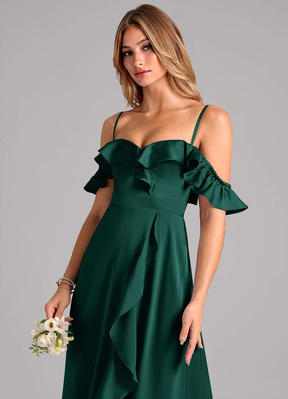 Azazie Lyra Bridesmaid Dresses Emerald A-Line Off the Shoulder Stretch Satin Convertible Dress image6