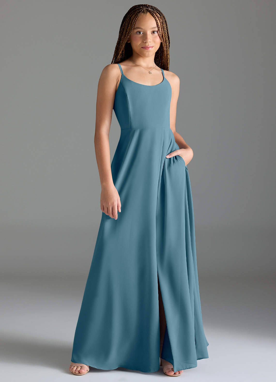 Azazie Moira Junior A-Linie mit Taschen Chiffon Kleid Bermudablau image1