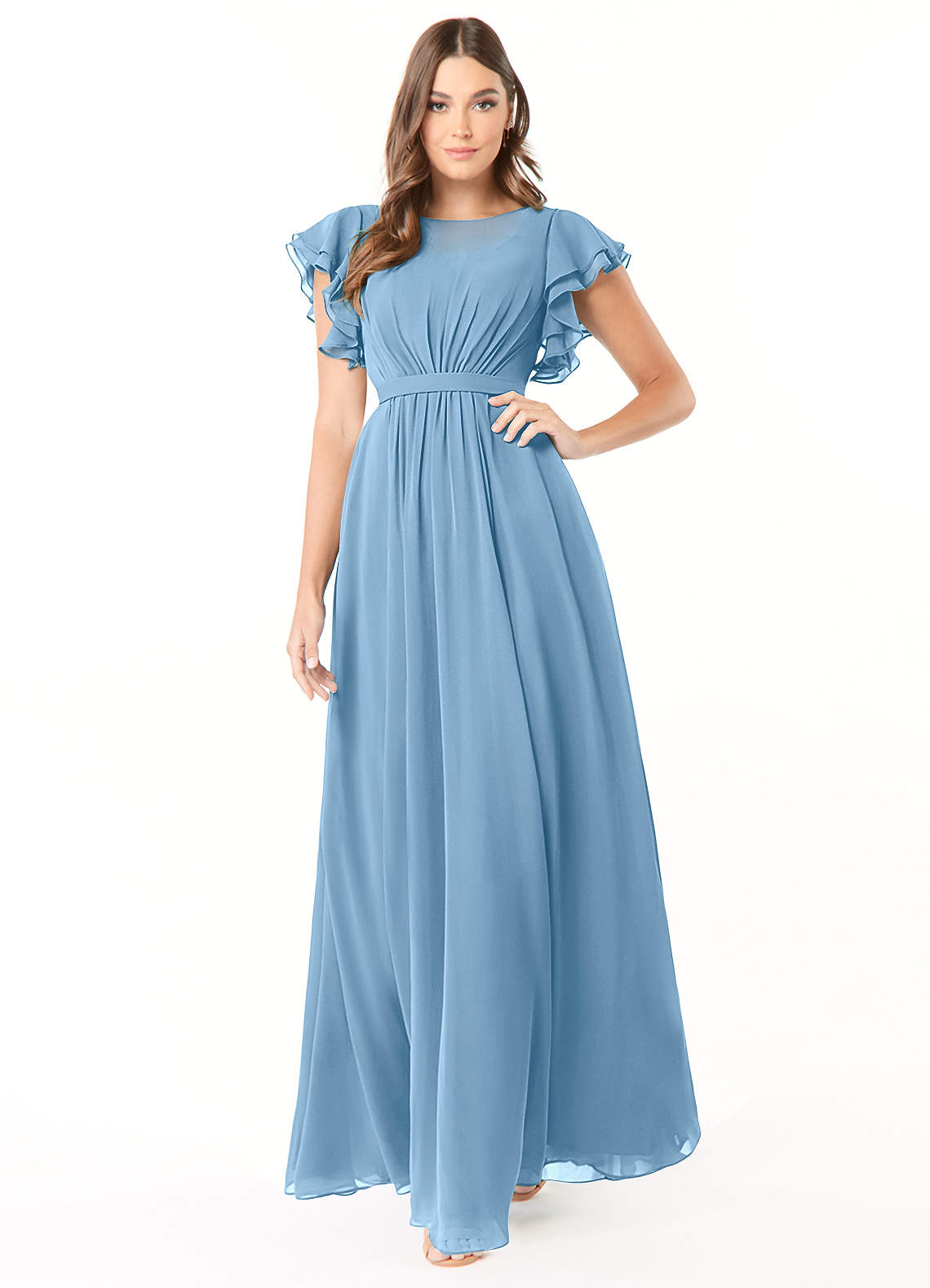 Azazie Daphne Modest Bridesmaid Dresses A-Line Ruffled Chiffon Floor-Length Dress image1