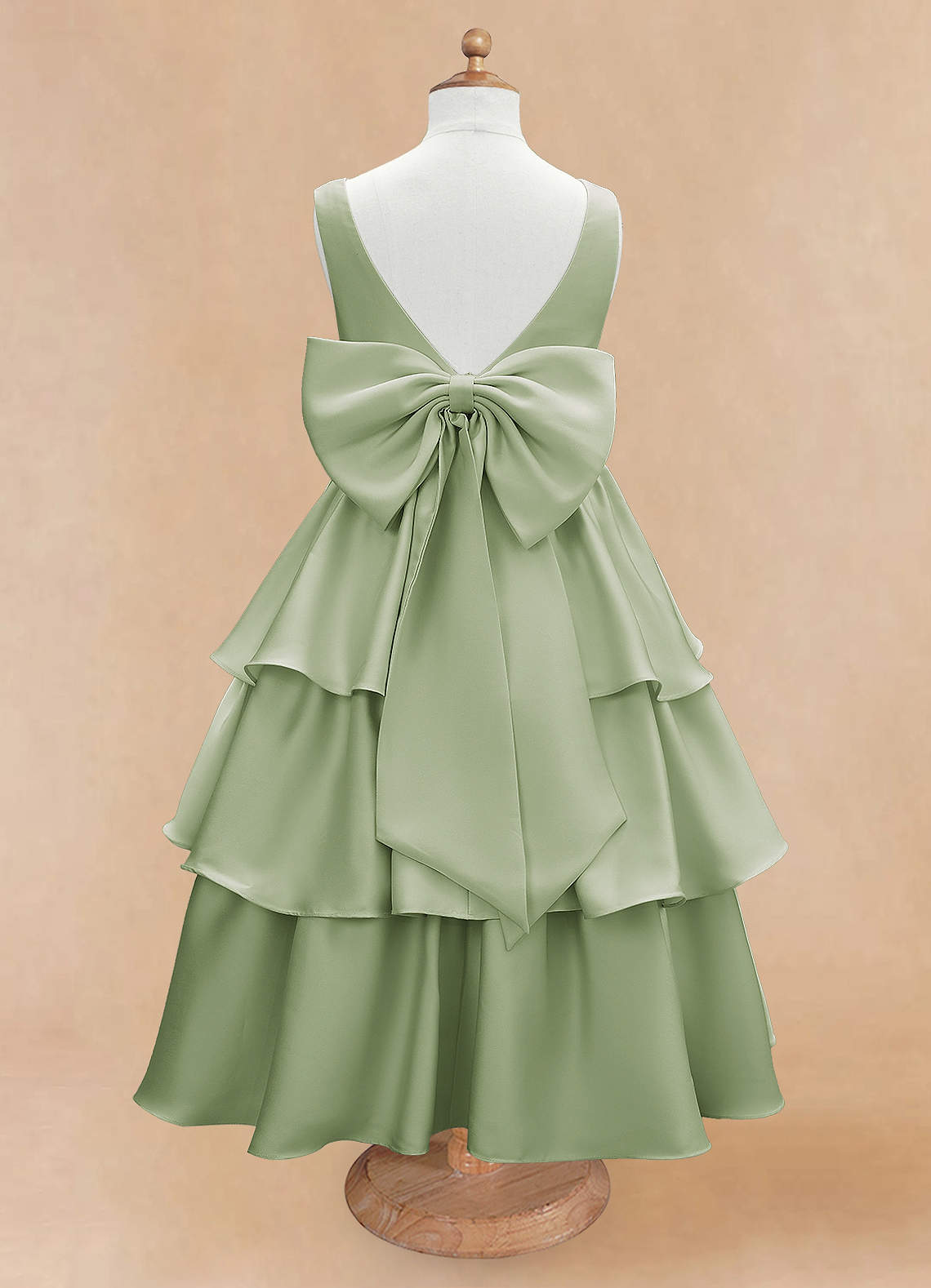 Azazie Margie Flower Girl Dresses Dusty Sage A-Line Bow Stretch Satin Dress image3