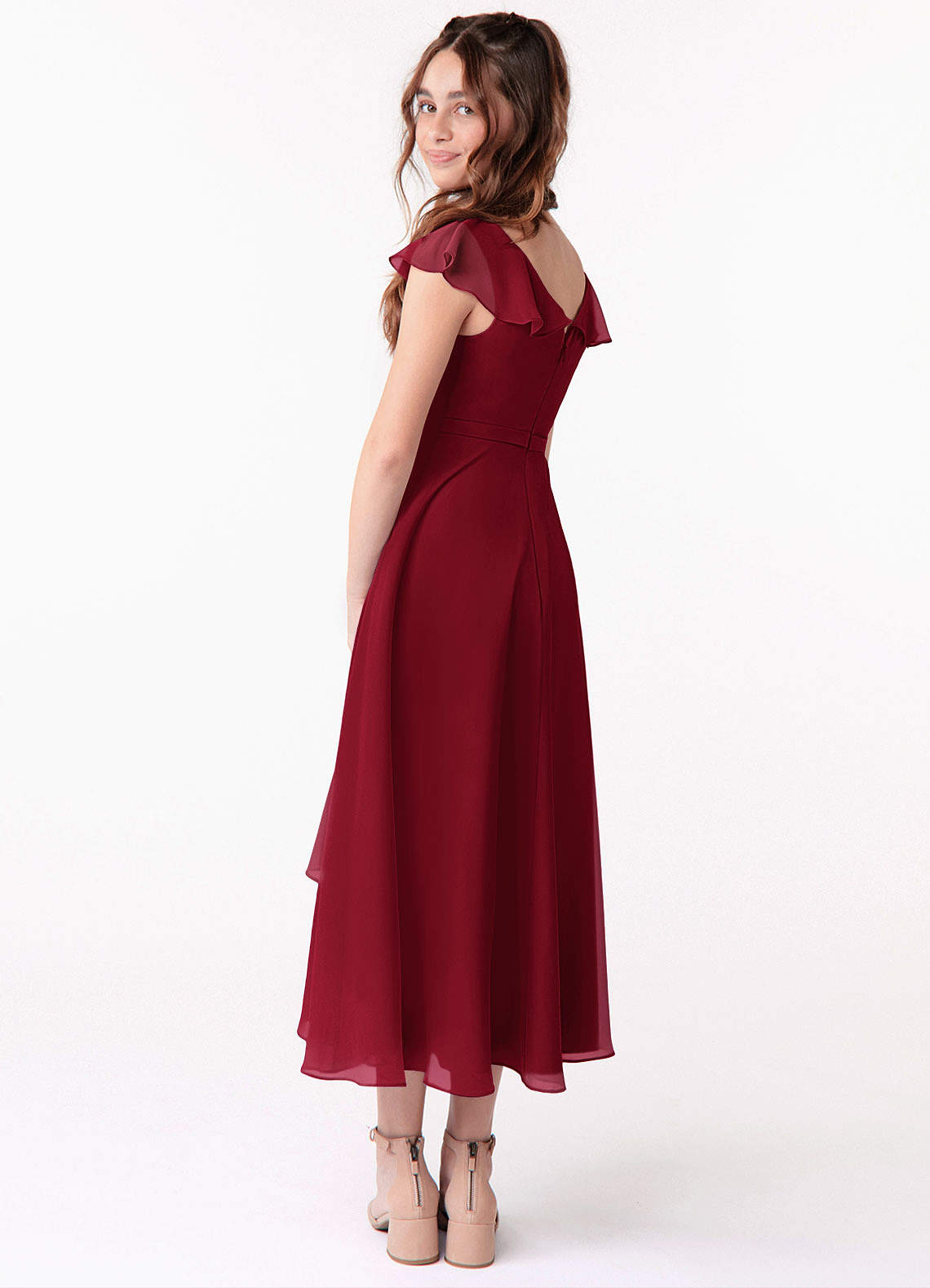 Azazie Posie Junior Burgundy A-Line Ruched Chiffon Dress image1