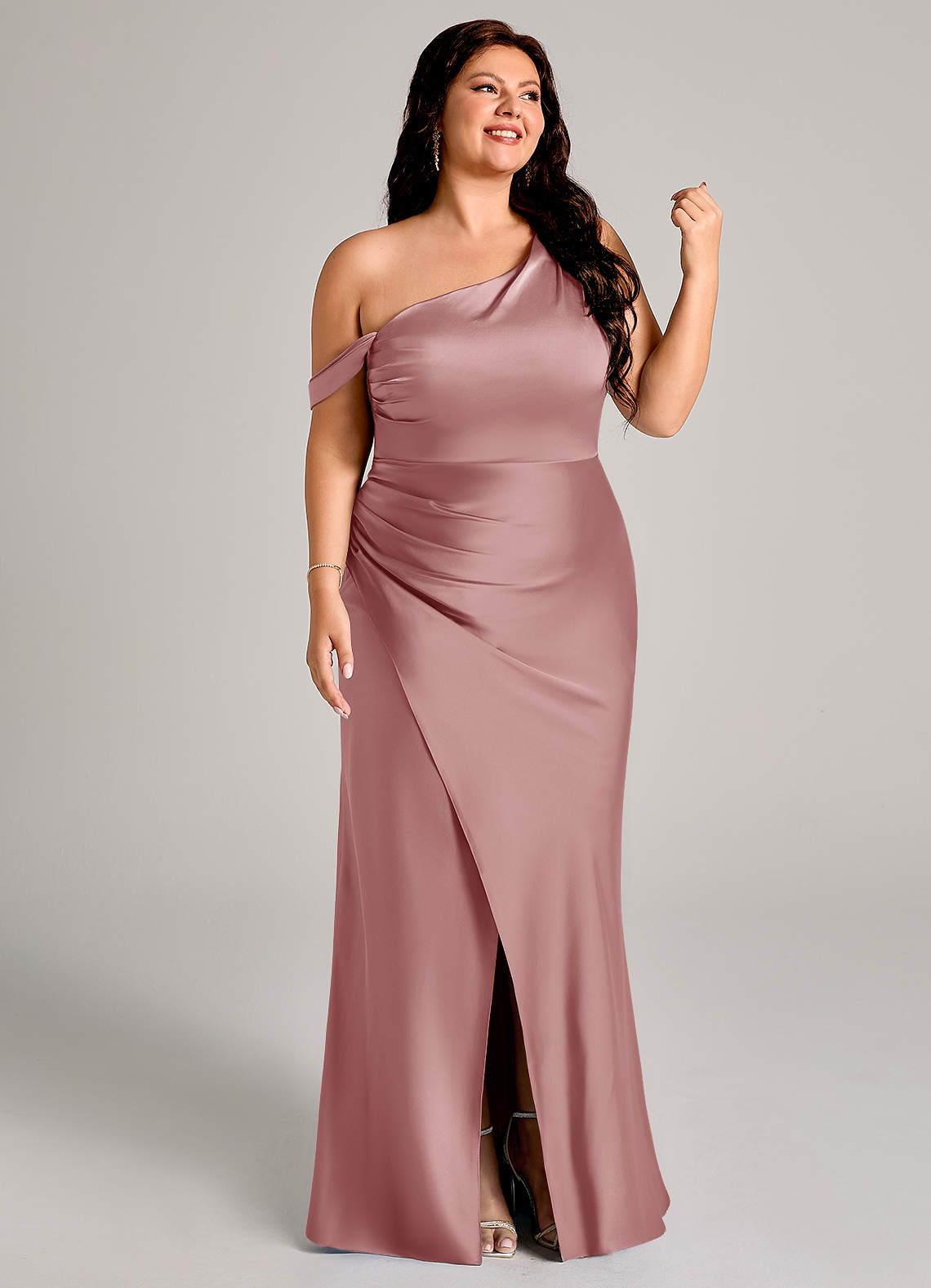 Azazie Madelyn Bridesmaid Dresses Dusty Rose Mermaid One Shoulder Stretch Satin Convertible Dress image12