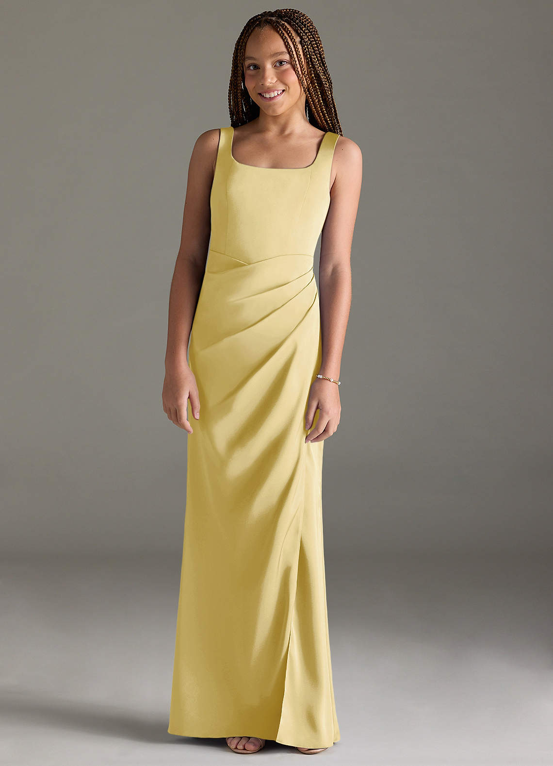 Azazie Mero Junior Lemon Sorbet Mermaid Pleated Stretch Satin Dress image1