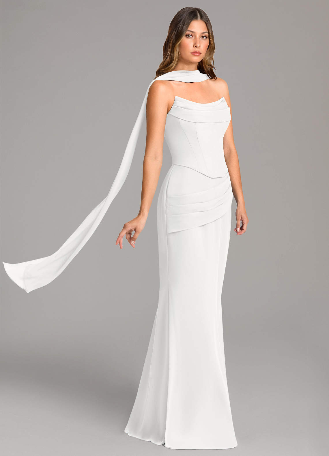 Azazie Sorrel Vestidos de damas de honor Vestido de Blanco de Gasa de Corte Sirena con Corsé image3