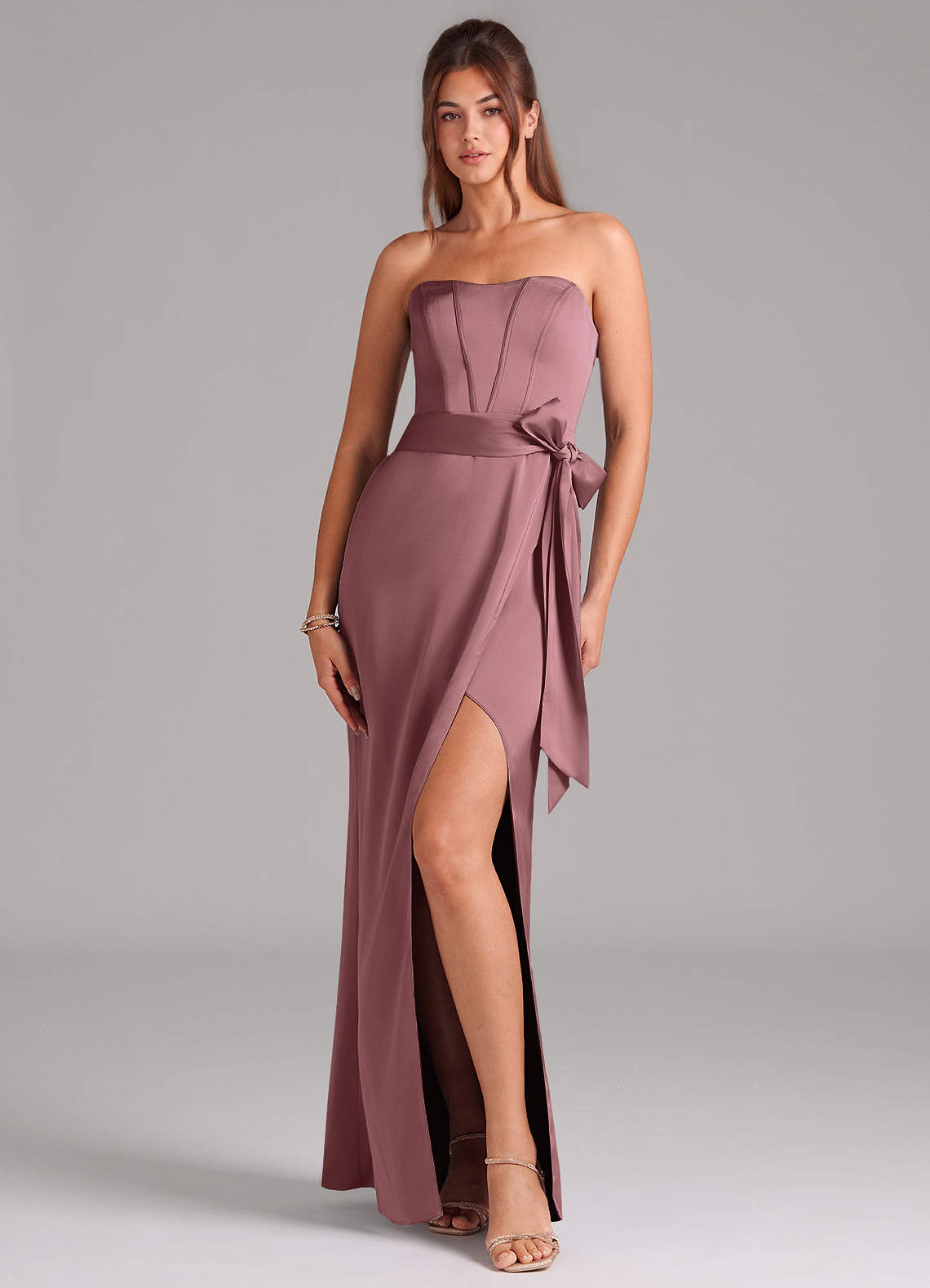 Azazie Jamie Bridesmaid Dresses Vintage Mauve A-Line Strapless Stretch Satin Convertible Dress image1