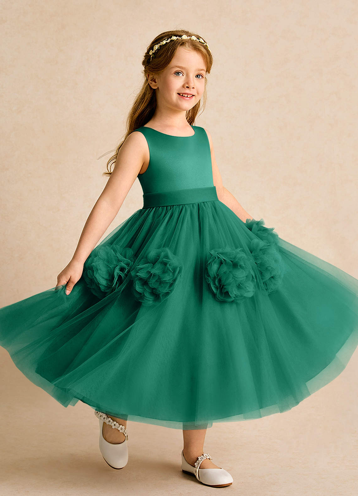 Azazie Vola Flower Girl Dresses Emerald Ball-Gown Sleeveless Tulle Dress image1