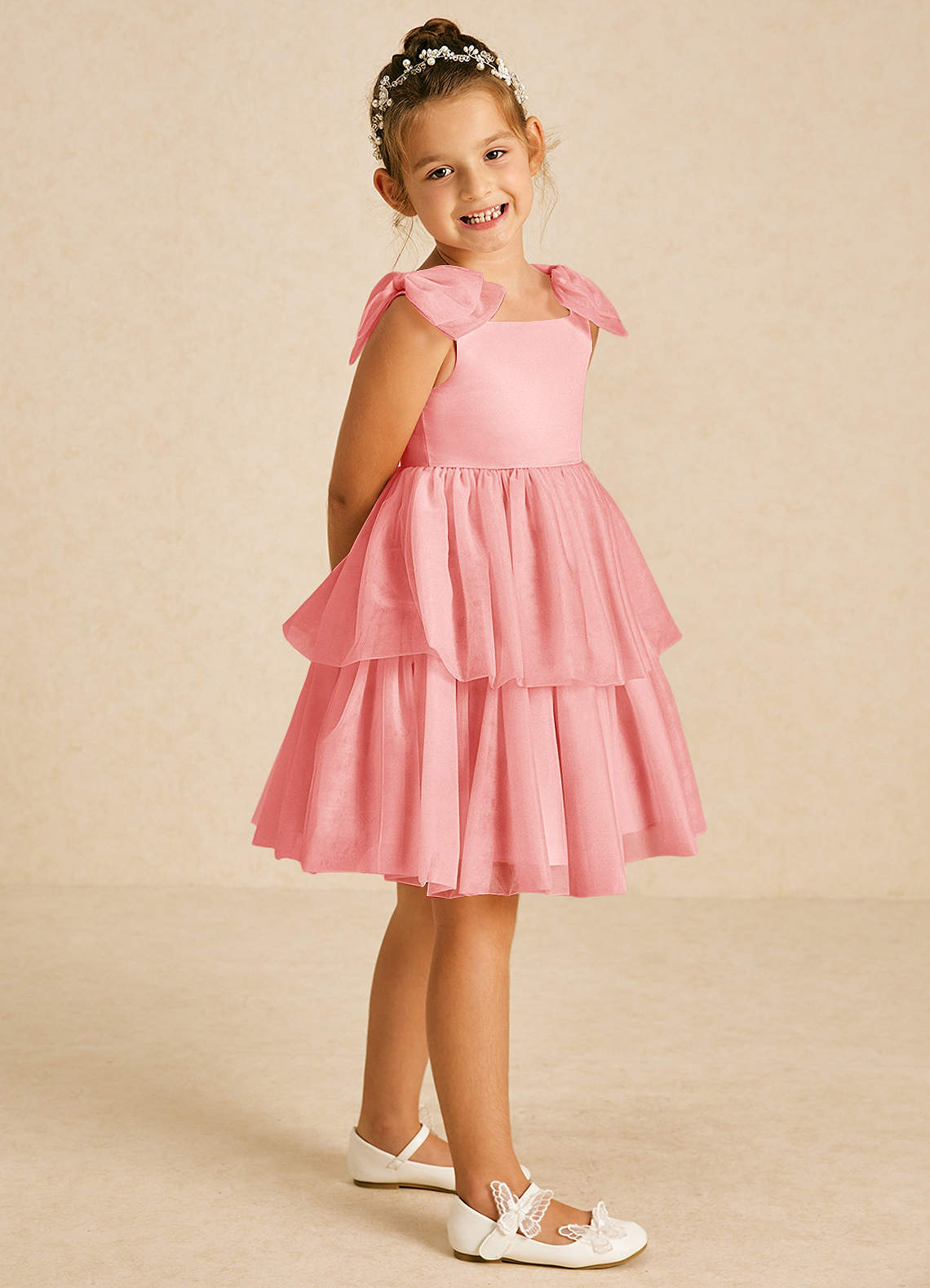 Azazie Vanellope Robe Demoiselle D'honneur Fillette Robe Trapèze en Tulle Arc Corail image1
