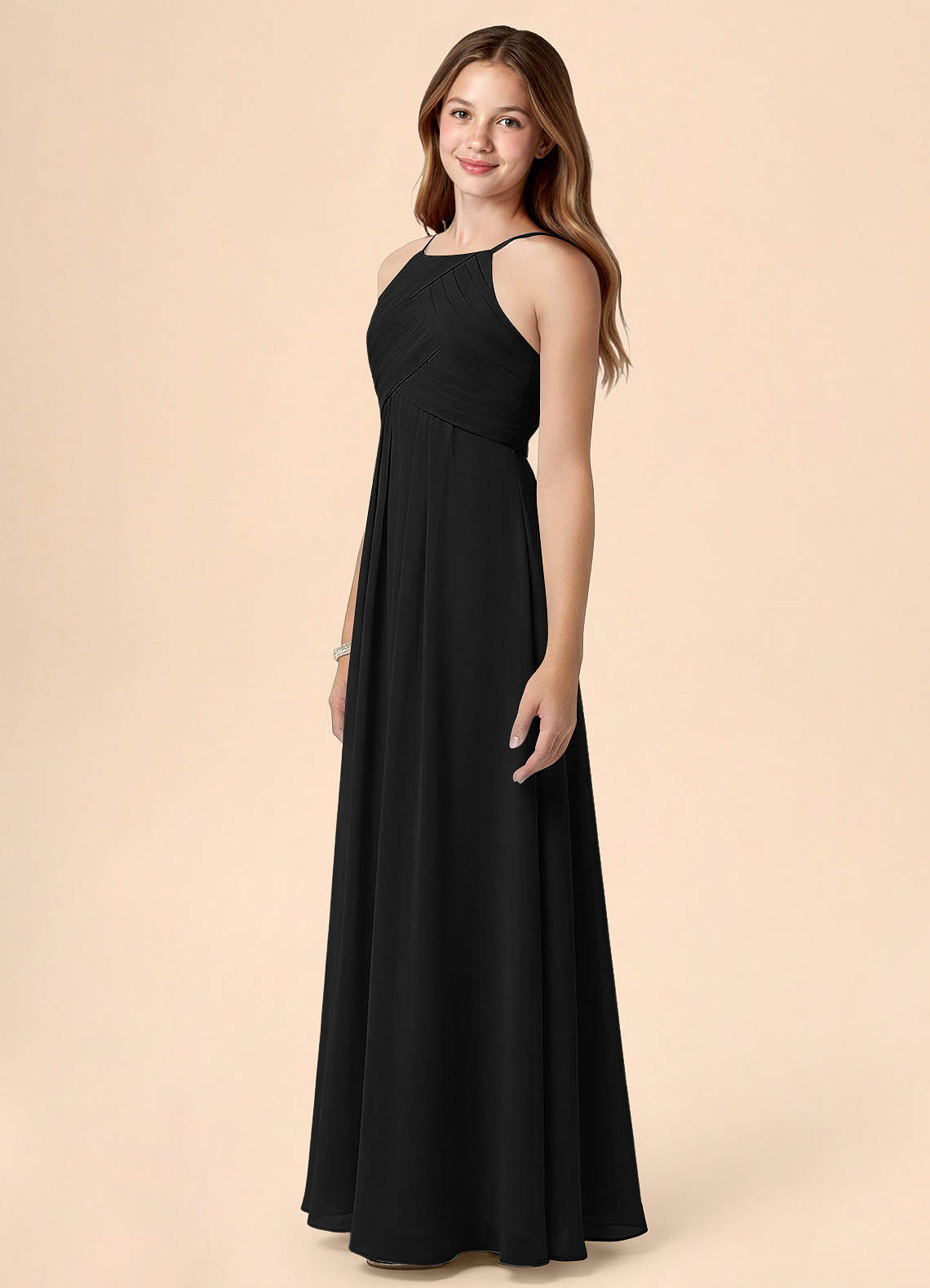 Azazie Ginny Junior Black A-Line Pleated Chiffon Dress image2