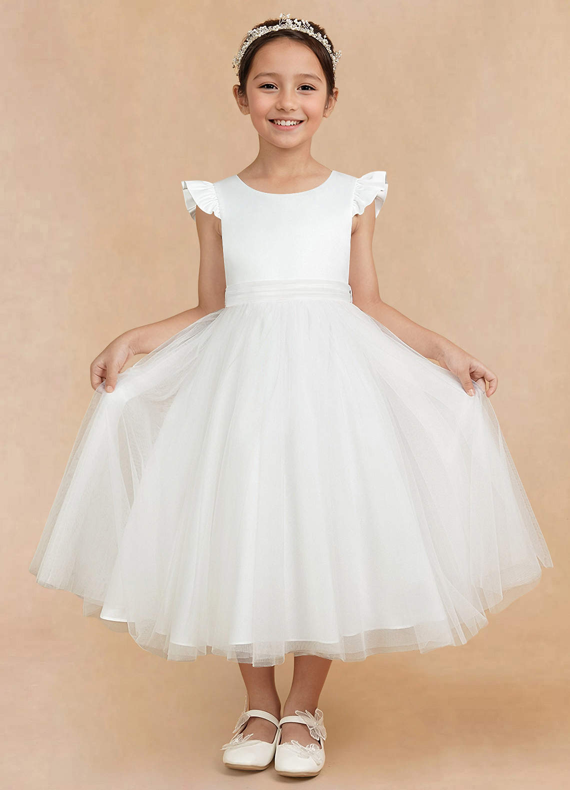 Azazie Hemi Flower Girl Dresses Ivory A-Line Bow Tulle Dress image1