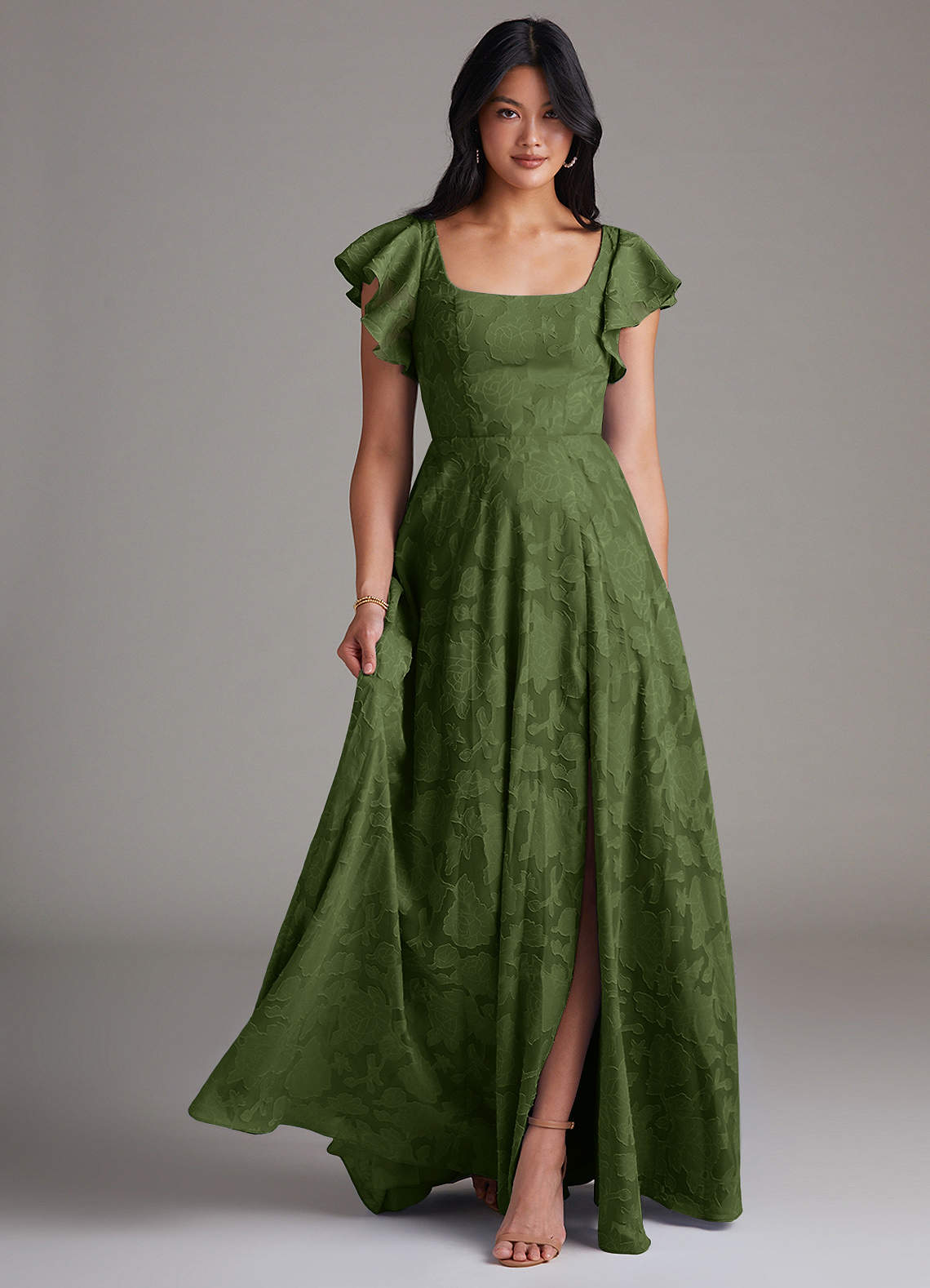 olive green floral bridesmaid dresses Long Olive Green Formal Dress with Floral Print– PromGirl