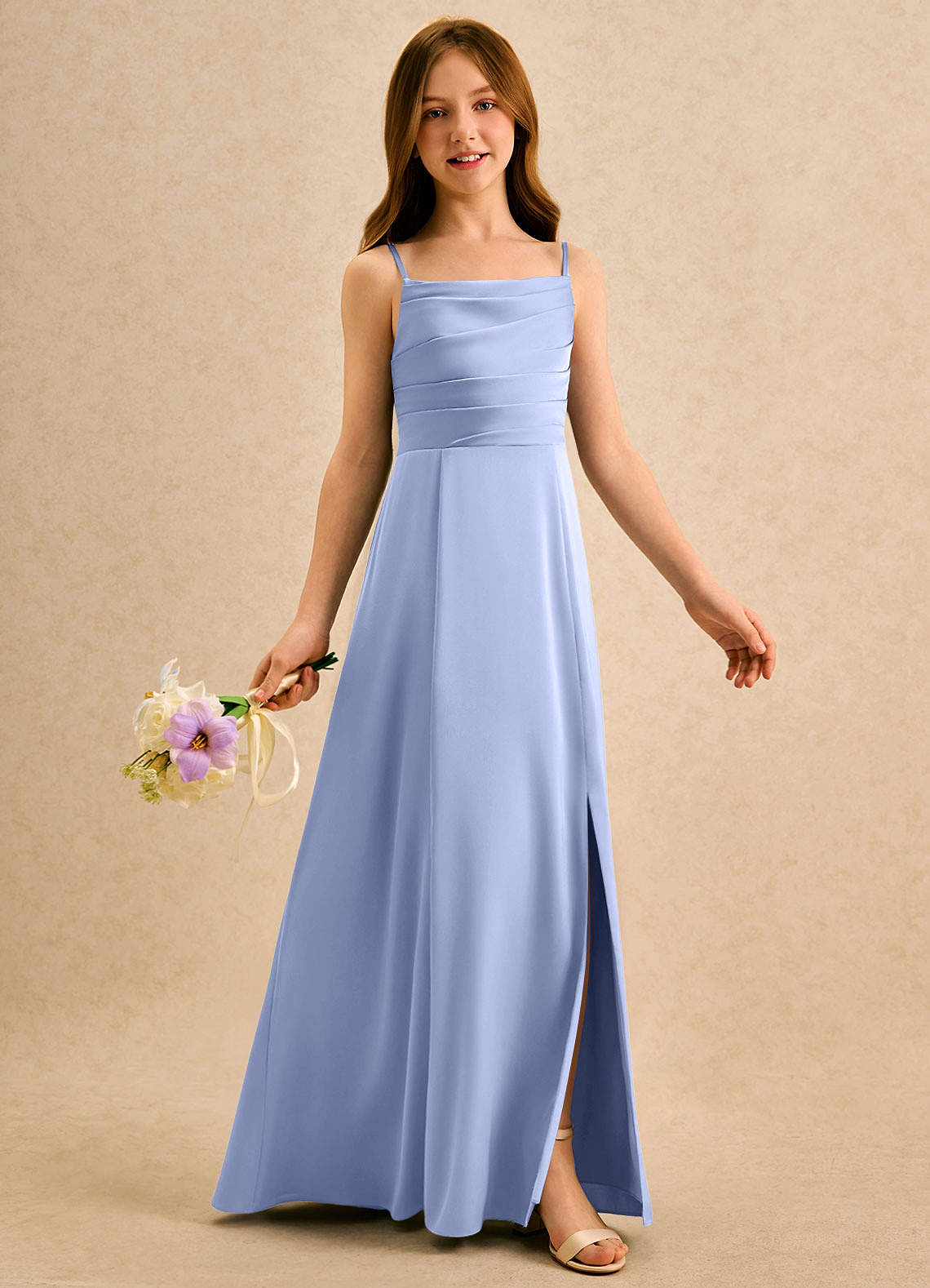 Azazie Chamomile Girls Formal Sukienki dla dziewczynek sypiących kwiaty Linia A Pofałdowany Satyna elastyczna Długość podłogi Sukienka image1