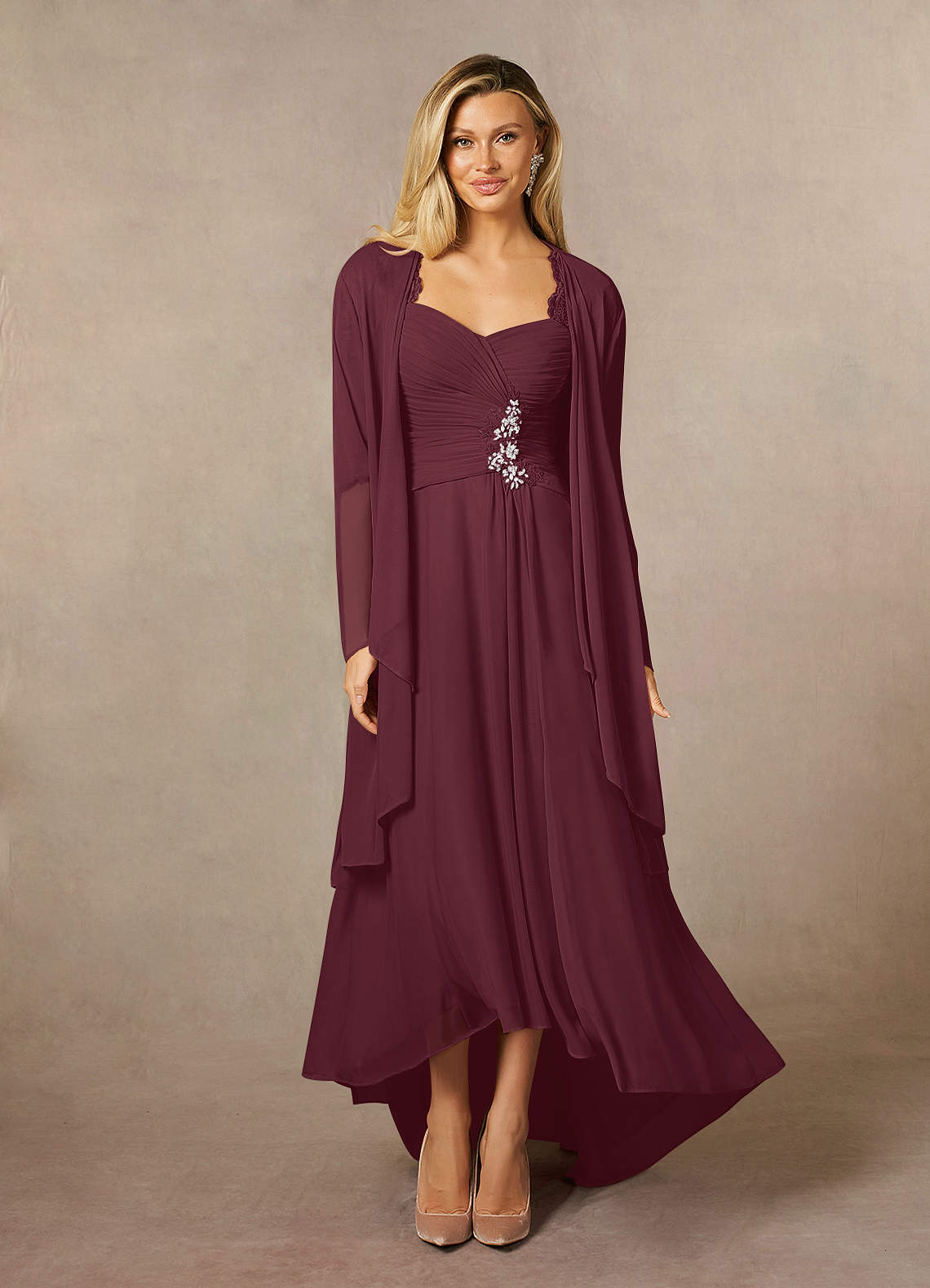 Cicinia Cabernet Mother Of The Bride Dress Long Chiffon Sheath With Sequined Lace Applique Cape