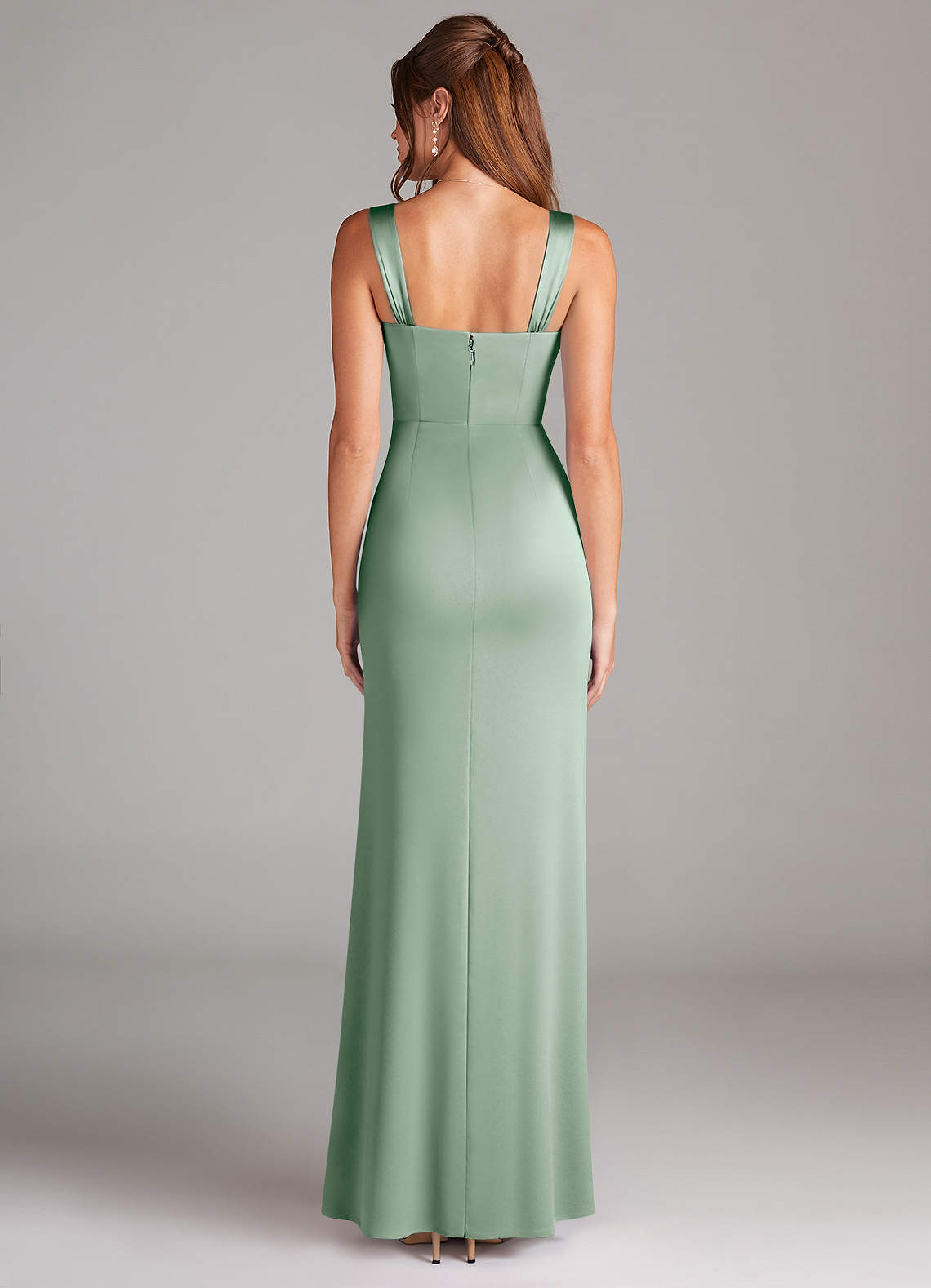 Azazie Denice Bridesmaid Dresses Agave Sheath Pleated Stretch Satin Dress image1