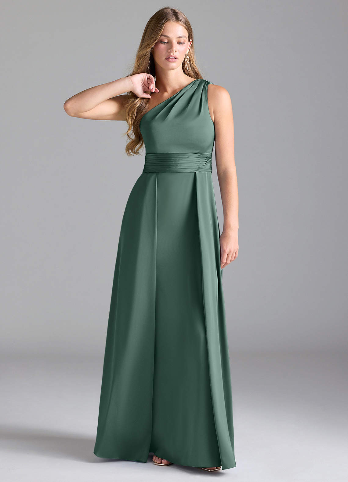 Azazie Dallas Vestidos de damas de honor Vestido de Eucalipto de Satén Elástico de Corte en A con Hombro unilateral image1