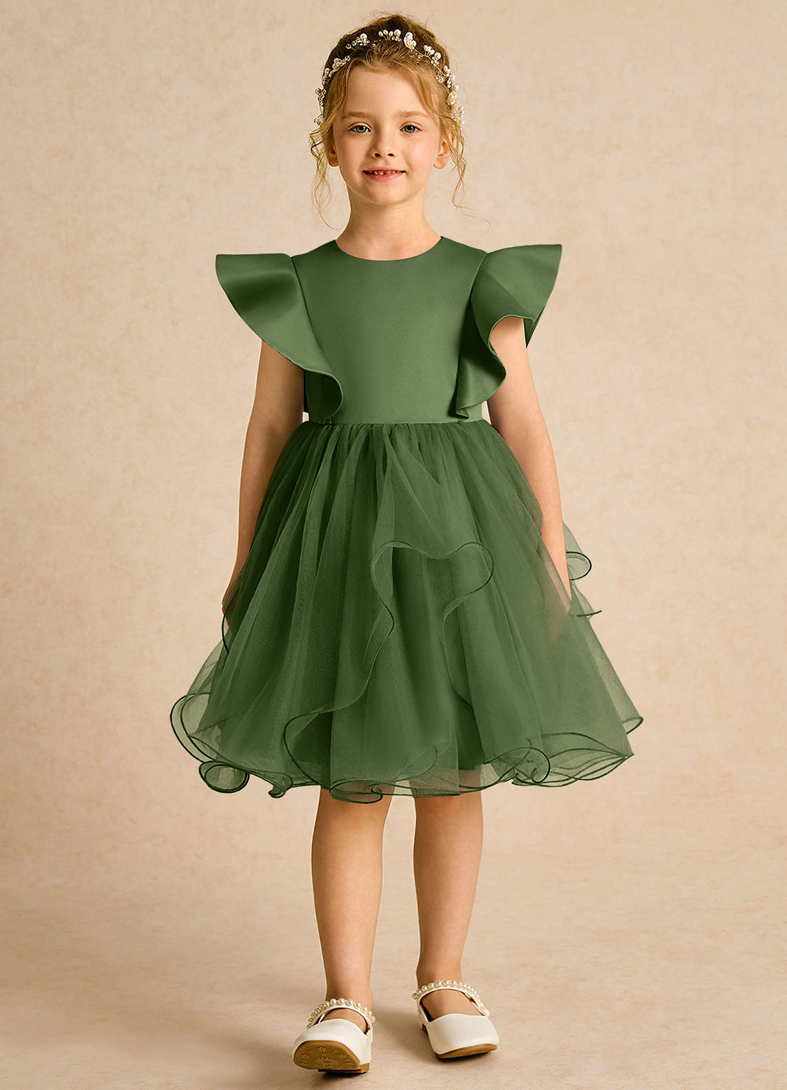 Azazie Chirp Robe Demoiselle D'honneur Fillette Robe Princesse en Tulle Olive image1