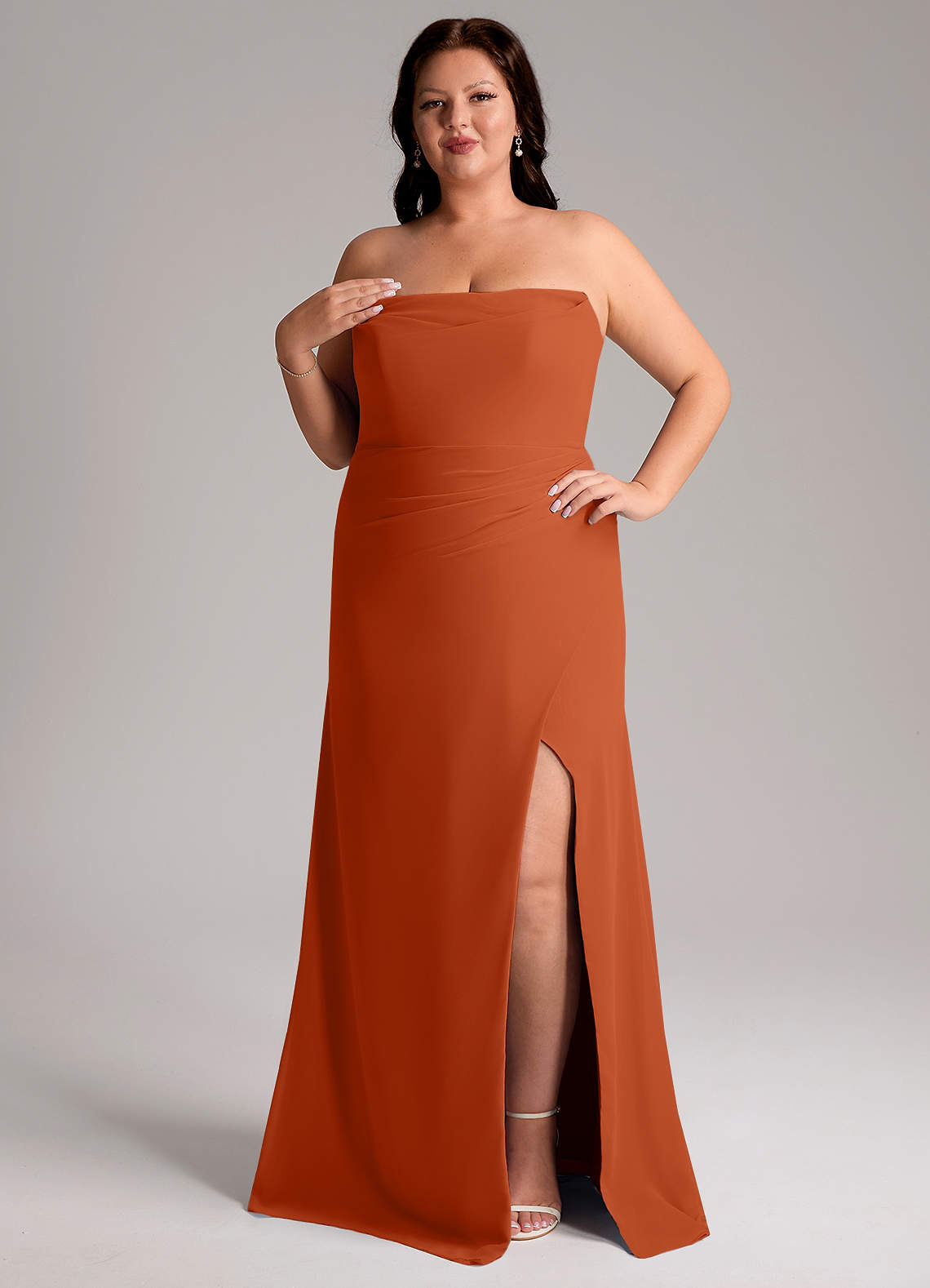 Azazie Leonis Vestidos de madrinha de casamento Vestido Laranja Queimada de Chiffon de Bainha com Sem alças image11