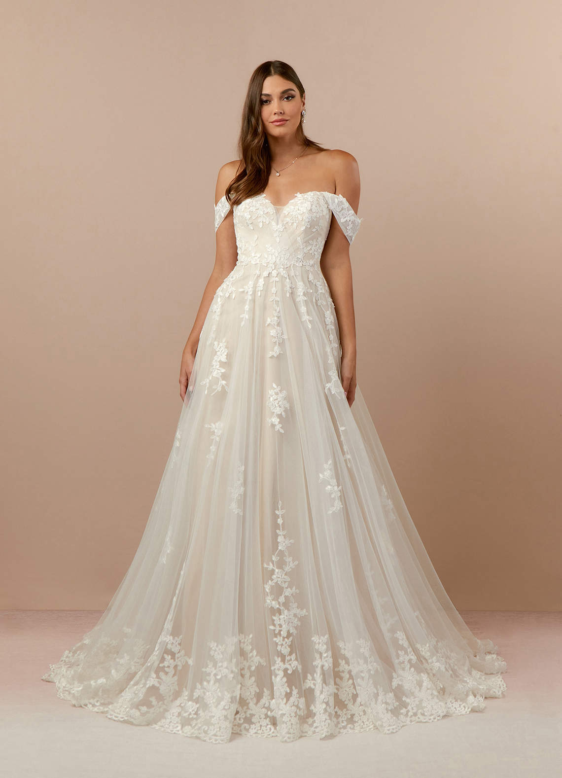 Azazie Botanica At-home Try On Dresses Diamond White Champagne A-Line Off the Shoulder Tulle Dress image3