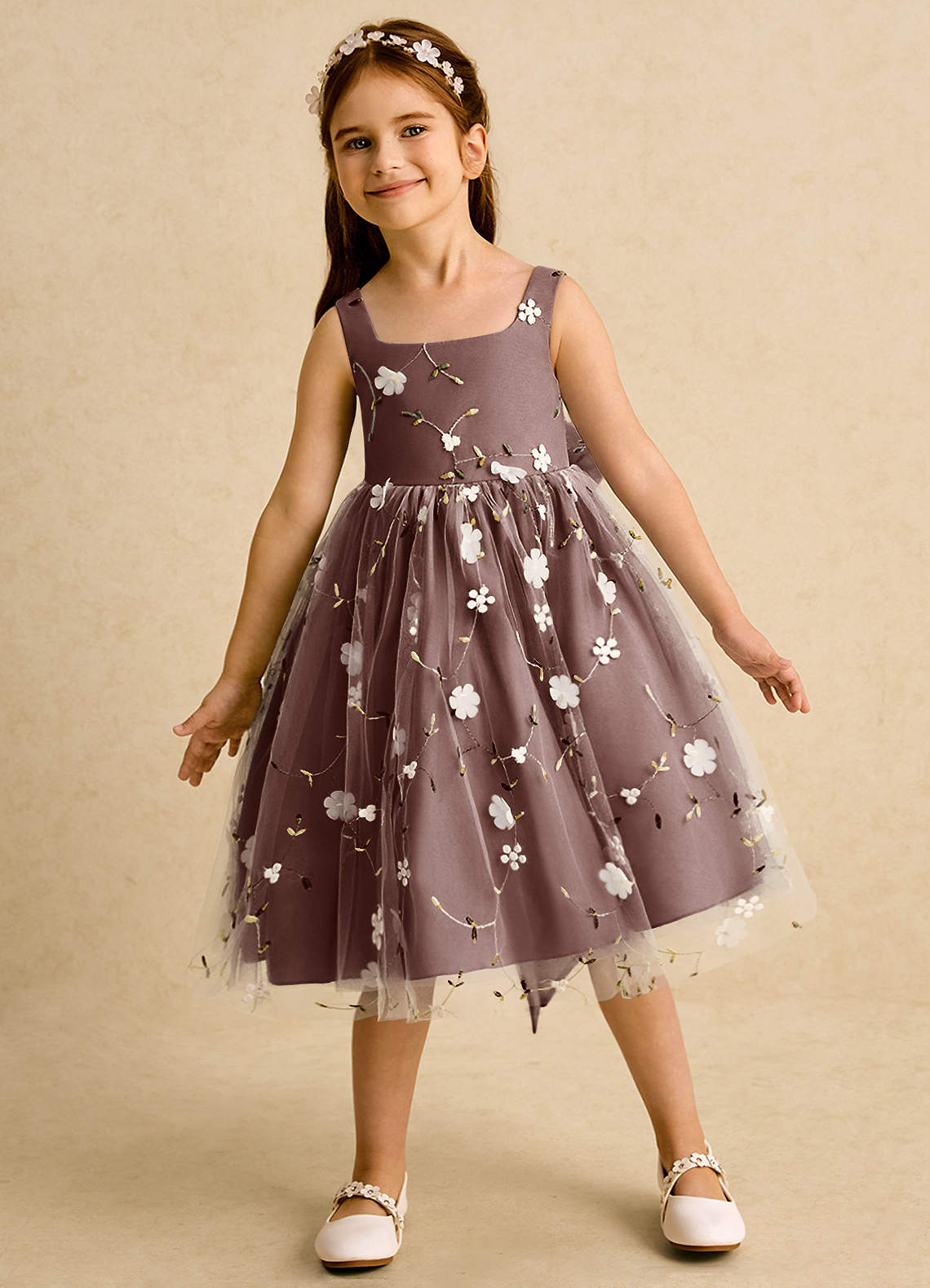 Azazie Bean Flower Girl Dresses Espresso Ball-Gown Sleeveless Tulle Dress image2