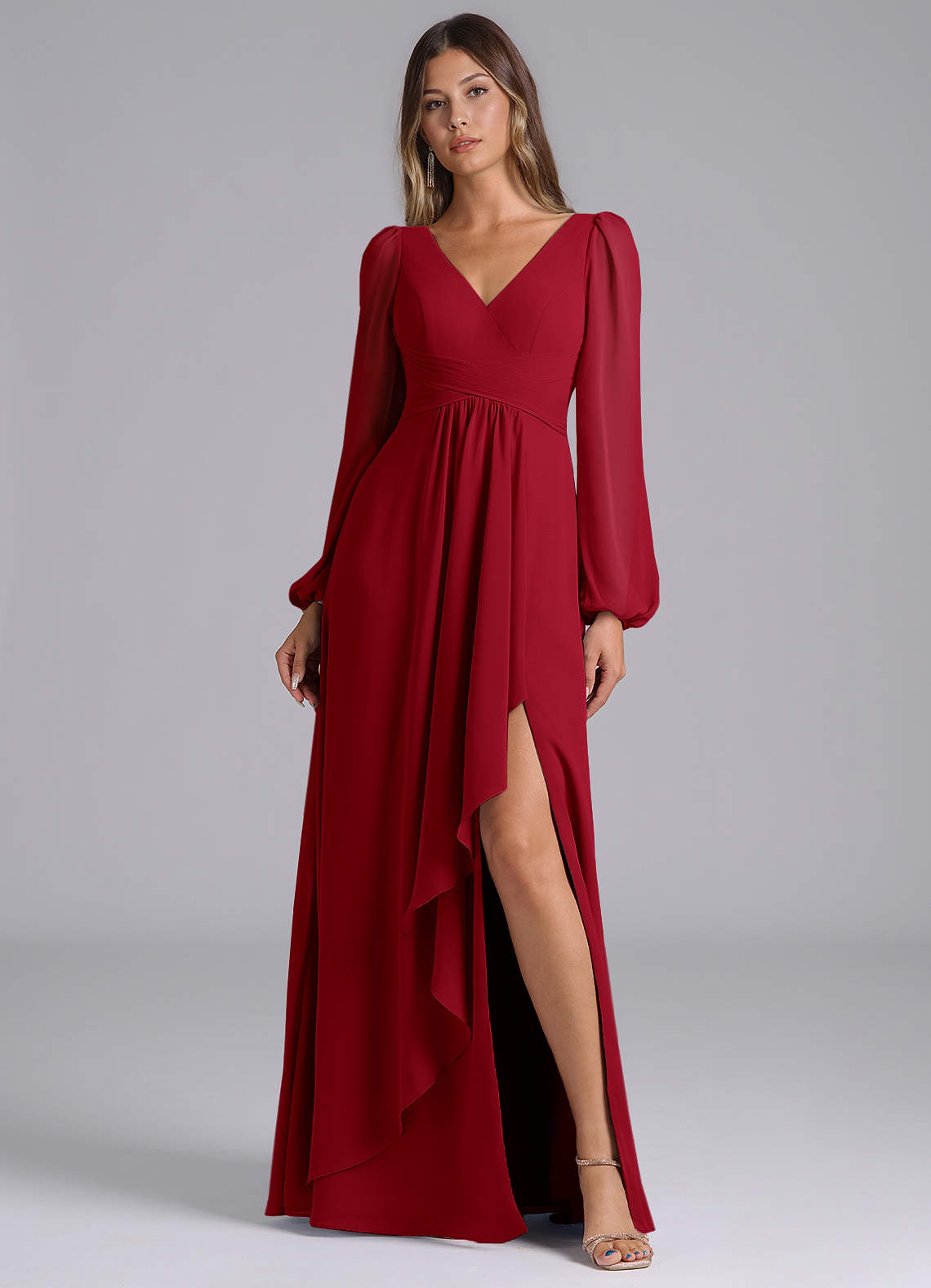 Azazie Liah Bridesmaid Dresses Scarlet A-Line Long Sleeve Chiffon Dress image1