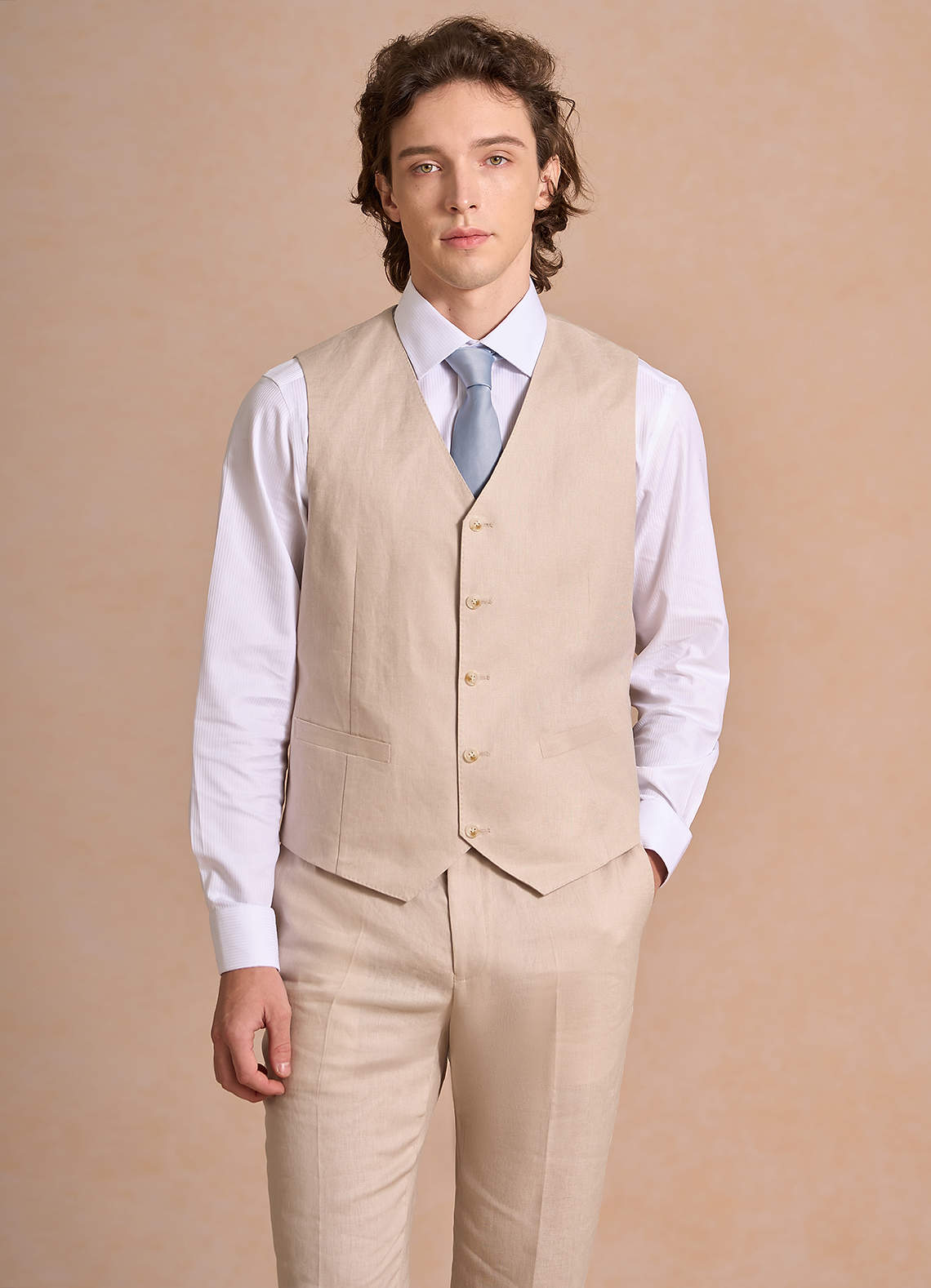 front Harrison Tan 100% Linen Suit Vest