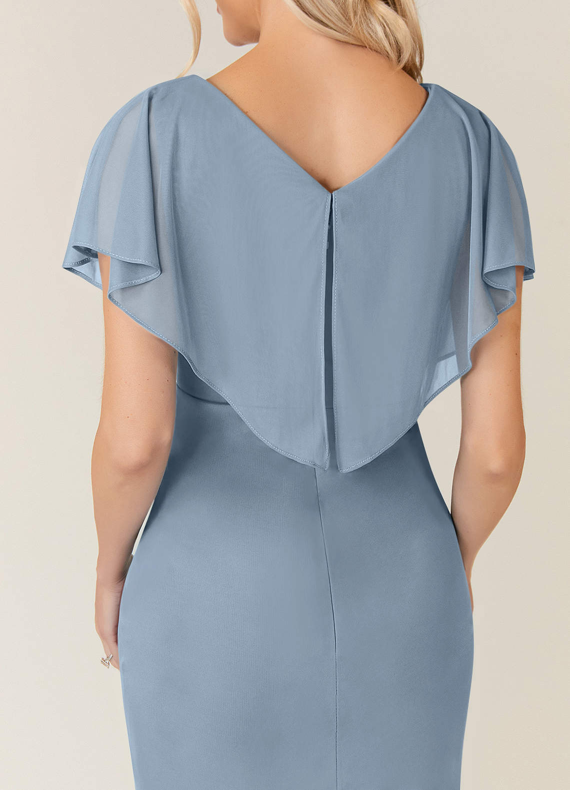 Azazie Waverly At-home Try On Dresses Dusty Blue Sheath Pleated Mesh Dress image6