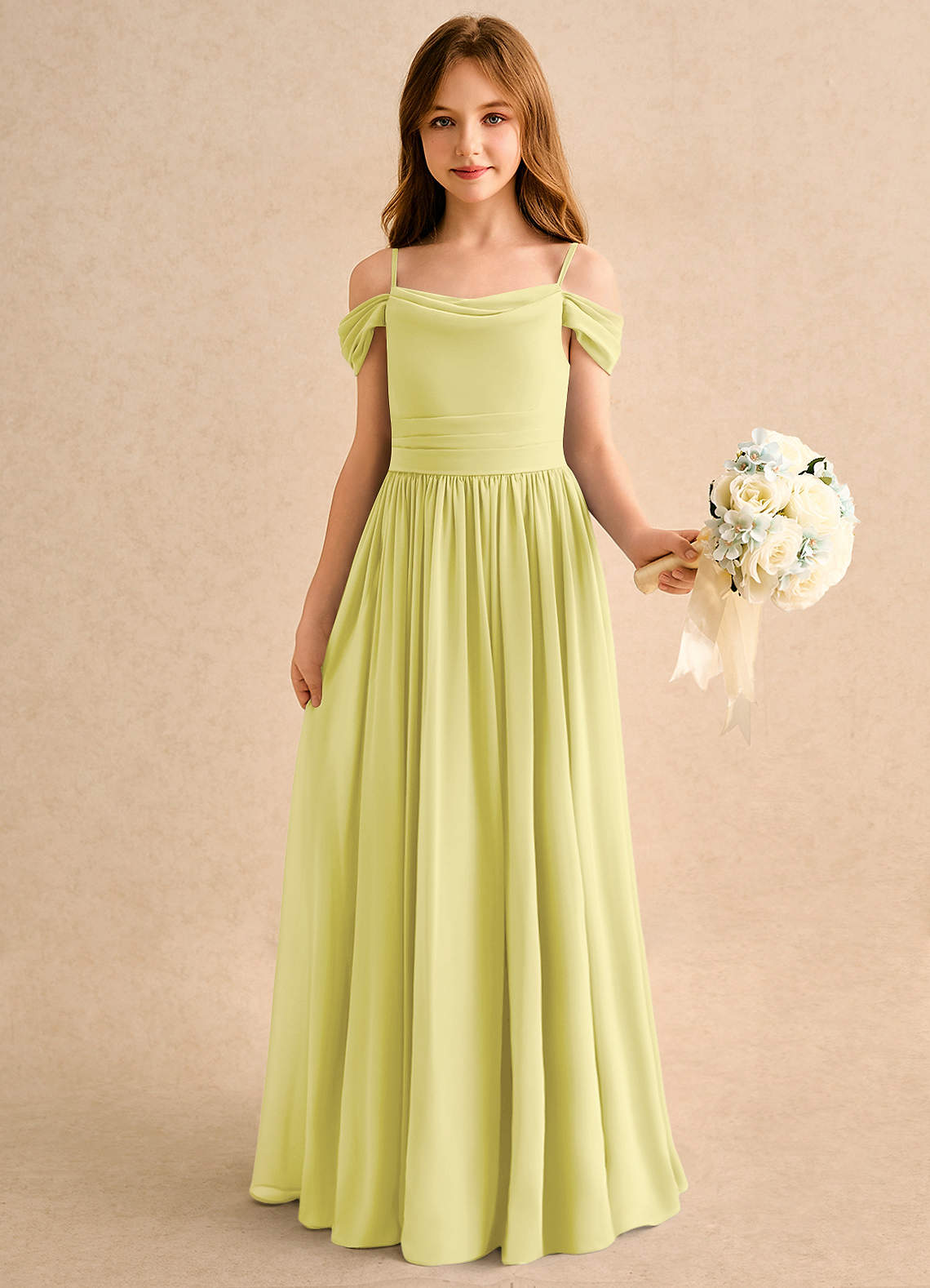 Azazie Shia Girls Formal Sukienki dla dziewczynek sypiących kwiaty Linia A Zza ramienia Szyfon Długość podłogi Sukienka image3