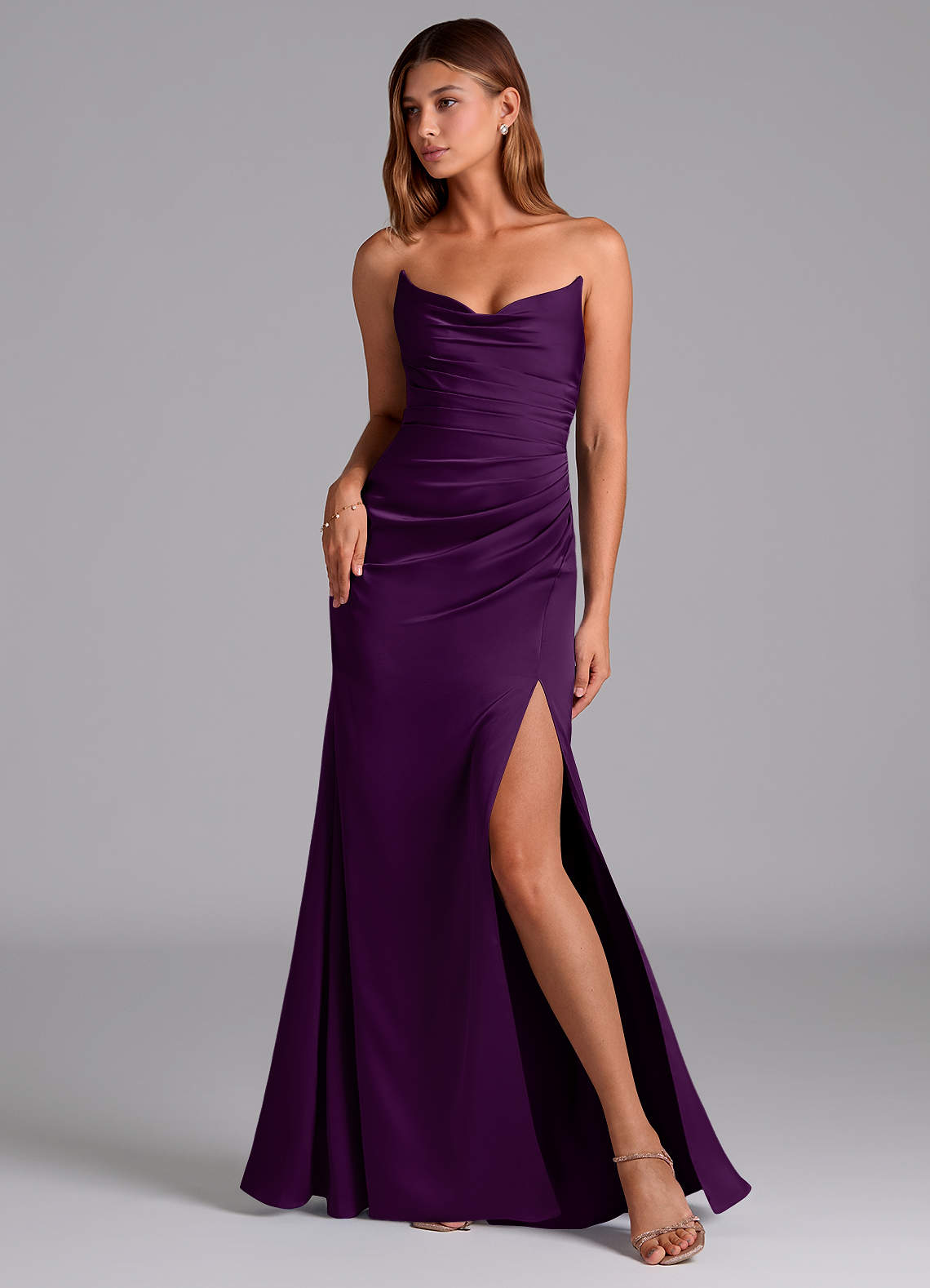 Azazie Claudelle Suknie dla druhen Syrena Bez ramiączek Satyna elastyczna Do ziemi Sukienka image1