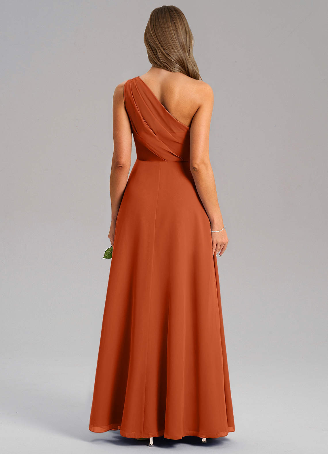 Azazie Phaedra Vestidos de madrinha de casamento Vestido Laranja Queimada de Chiffon de Linha A com Um ombro image1
