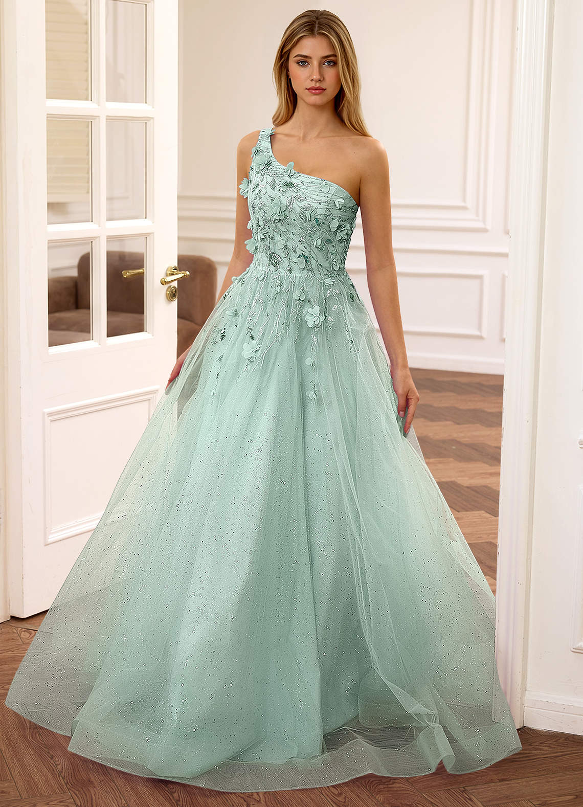 pale green formal dress Felicite Light Floral A-line Tulle Sequin One Shoulder Glitter Prom Ready to Ship sage green formal dress