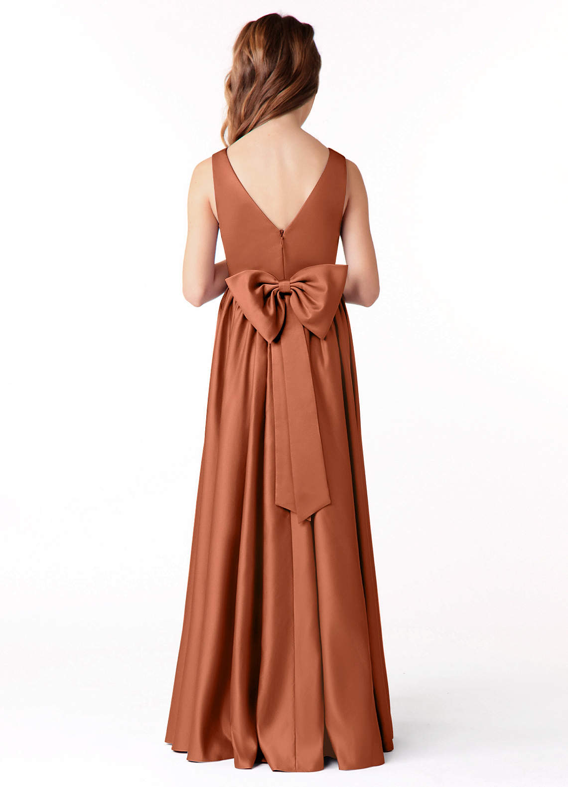 Azazie Hathaway Junior Vestido de Rosa De Cedro de Satén Elástico de Corte En A con Lazo image1