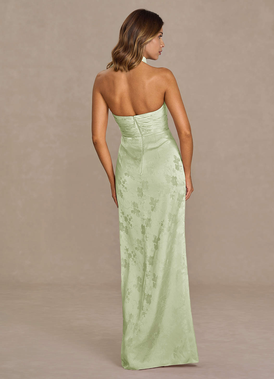 Azazie Plus Size Halter High Column Floor-Length Maxi Wedding Guest Formal Dresses in Light Green