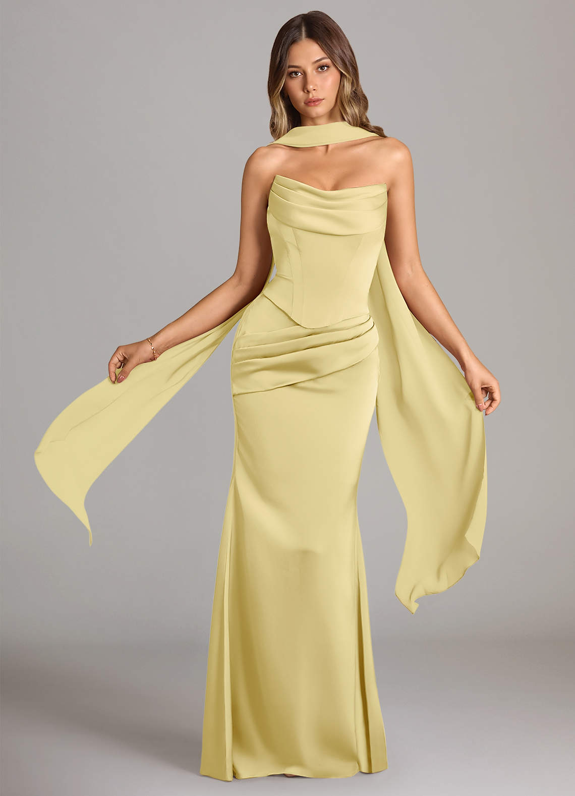 Azazie Sorrel Brautjungfernkleider Wandelbar Meerjungfrau-Linie Schulterfrei Stretch-Satin Kleid Zitronensorbet image1