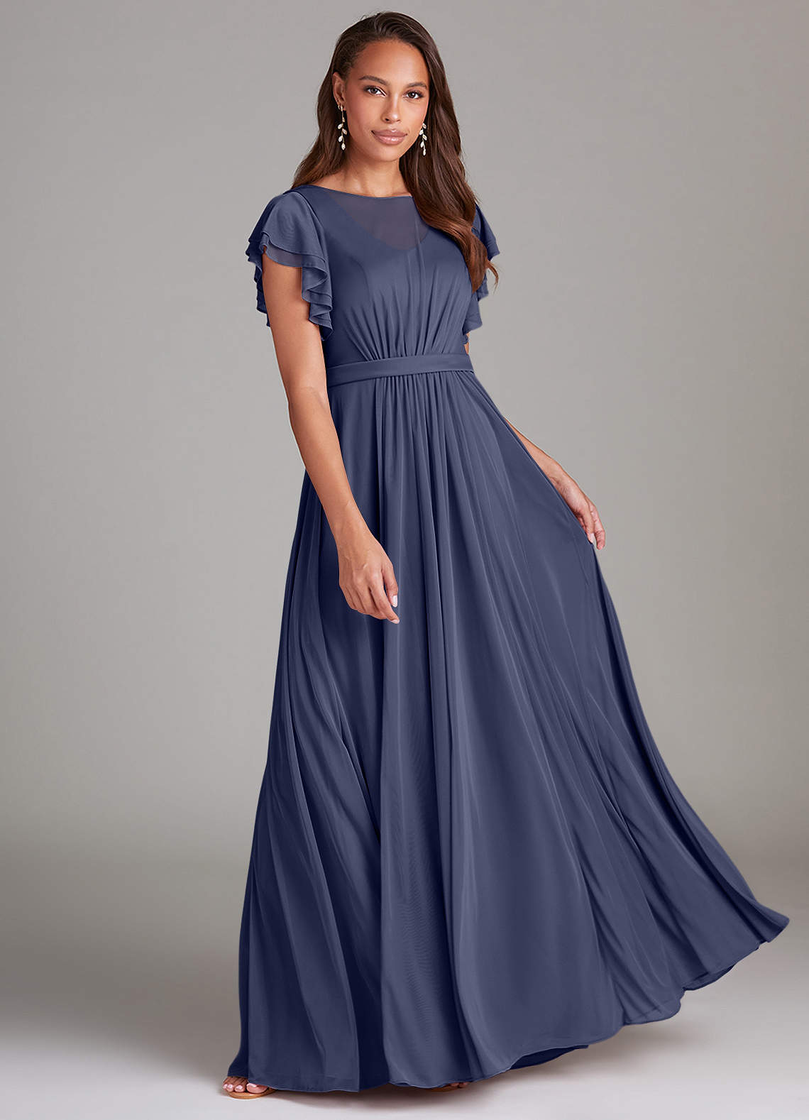 Azazie Daphne Modest Bridesmaid Dresses A-Line Ruched Mesh Floor-Length Dress image1