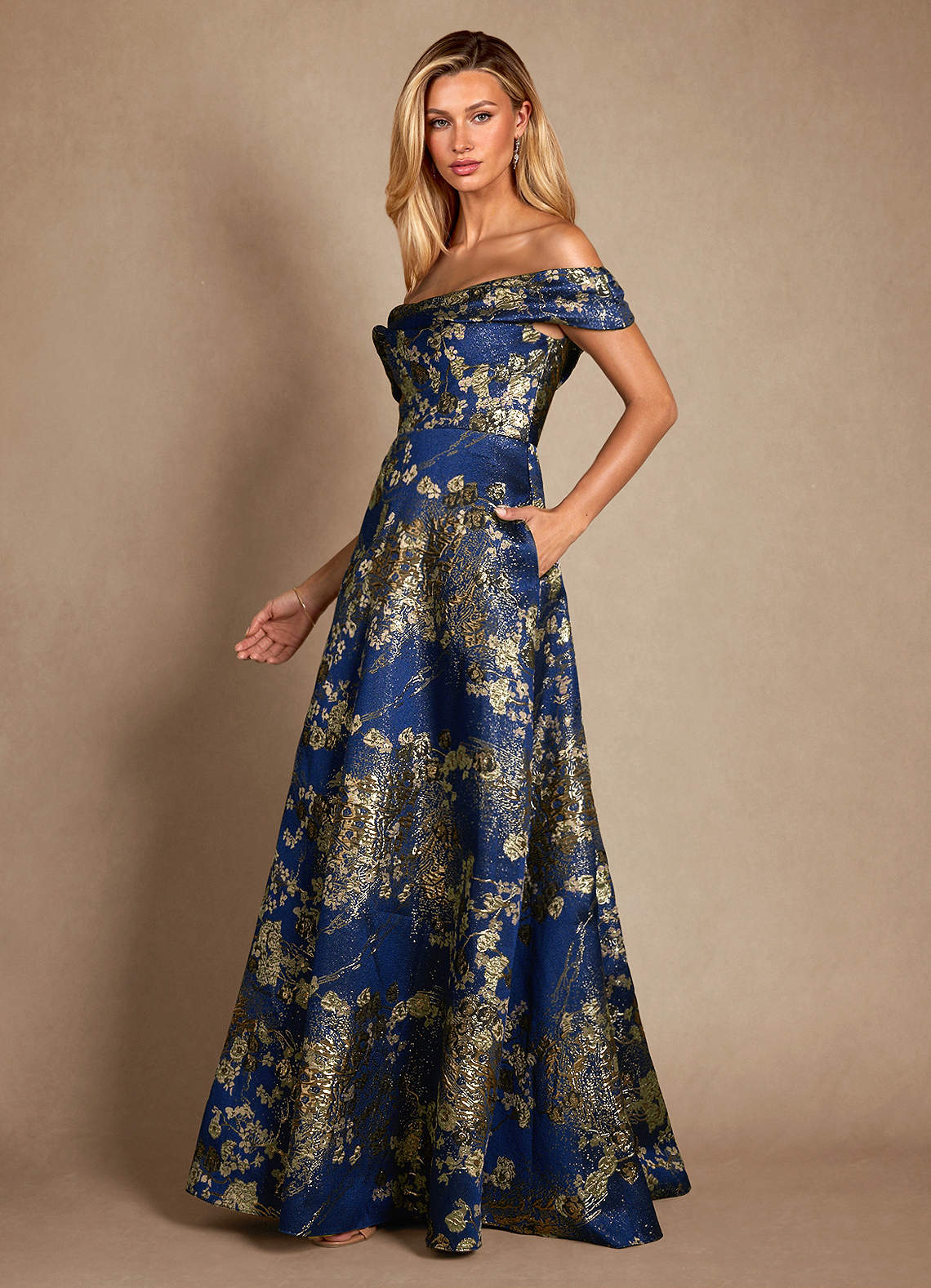 Azazie Marceline Navy Floral A-Line Off the Shoulder Jacquard
