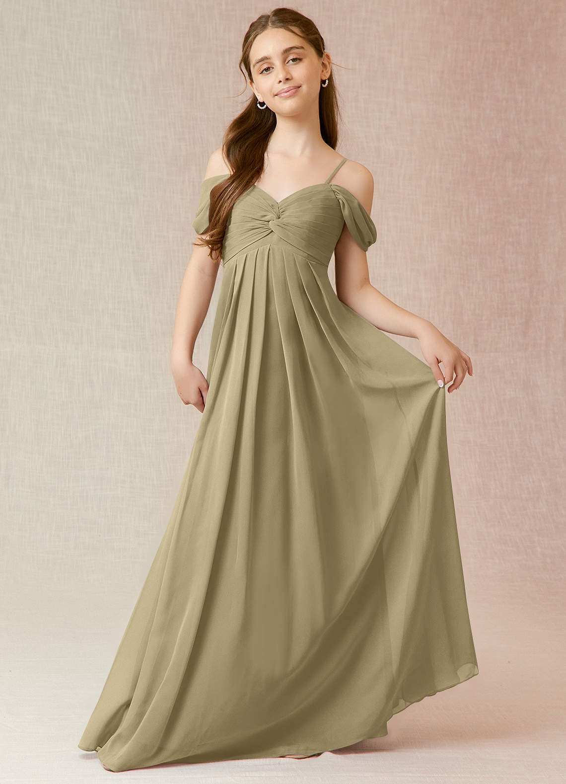 Azazie Kaitlynn Junior Moss Green A-Line Off the Shoulder Chiffon Dress image1