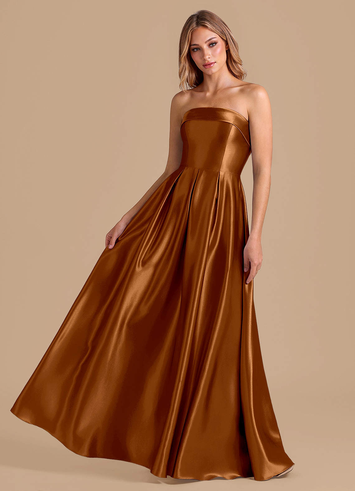 Azazie A-Line Straight Floor-Length Metallic Satin Bridesmaid Dresses - Copper