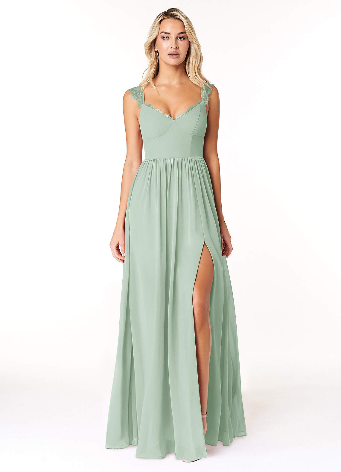 Azazie Cleobella Brautjungfernkleider A-Linie Herzchen Spitze Chiffon Kleid Agave image1