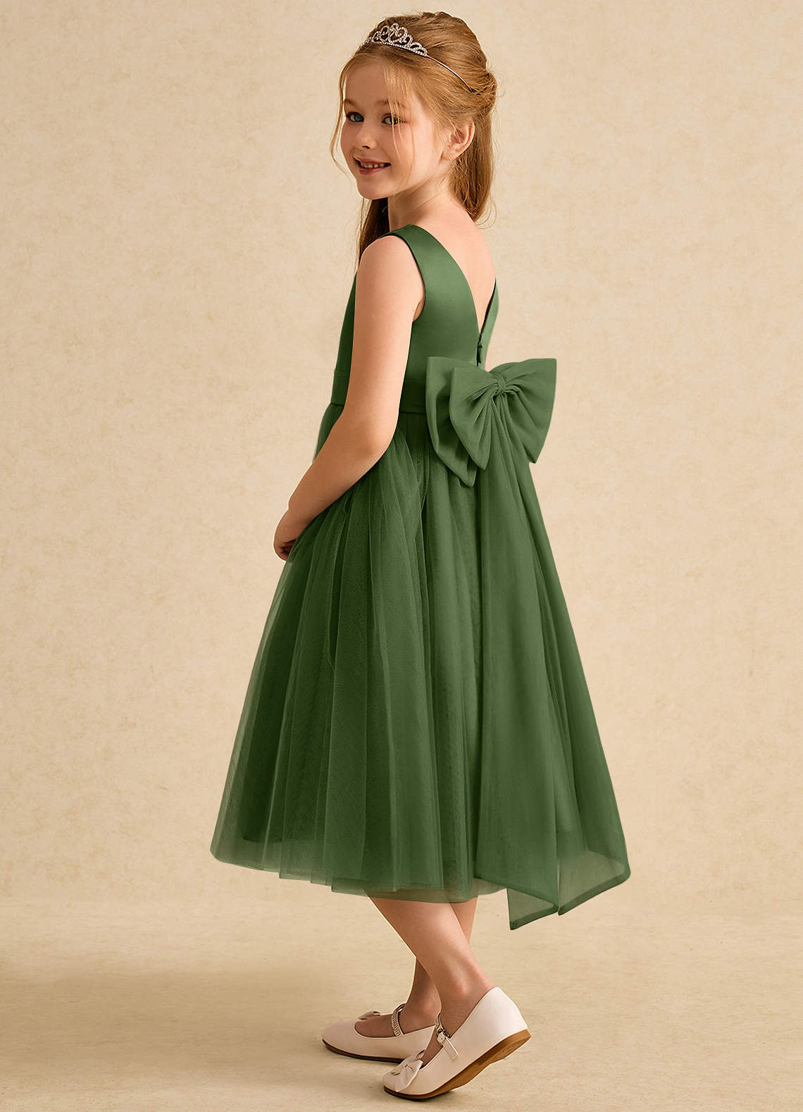 Azazie Winnie Robe Demoiselle D'honneur Fillette Robe Princesse en Tulle Arc Olive image4