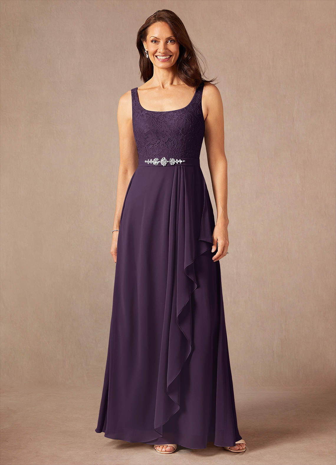 Azazie Ainsling Mother of the Bride Dresses Plum A-Line Square Neckline Lace Chiffon Dress image2