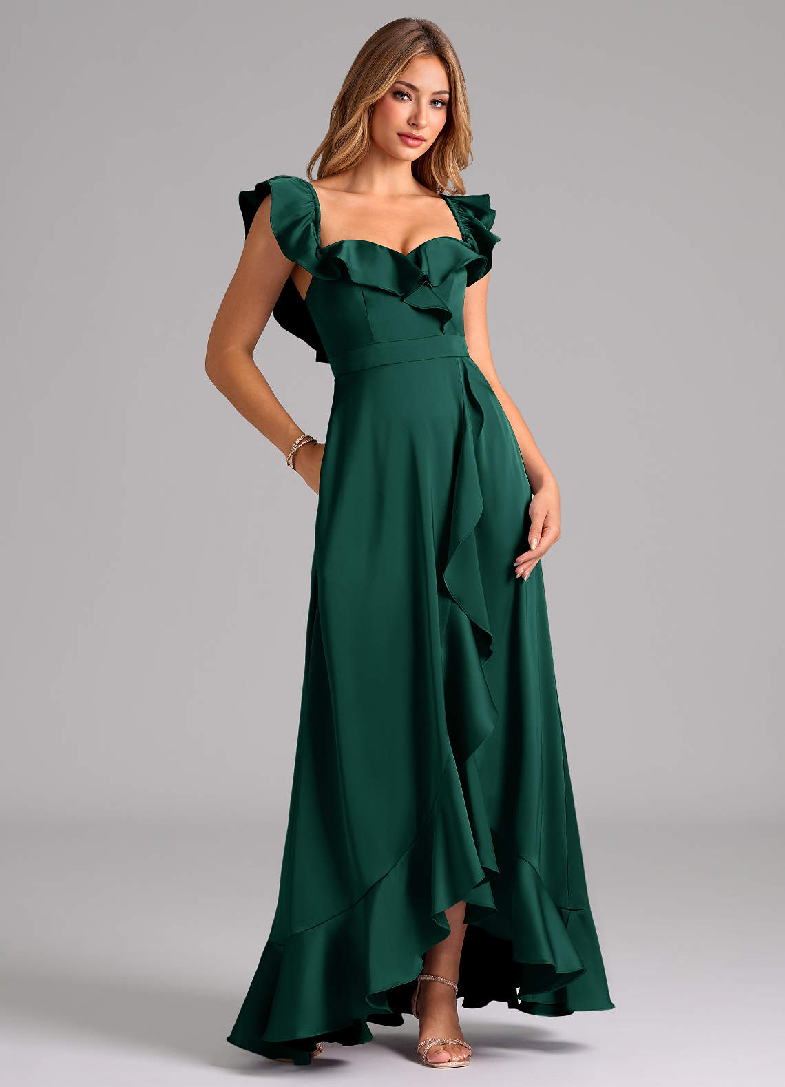 Azazie Lyra Bridesmaid Dresses Emerald A-Line Off the Shoulder Stretch Satin Convertible Dress image1