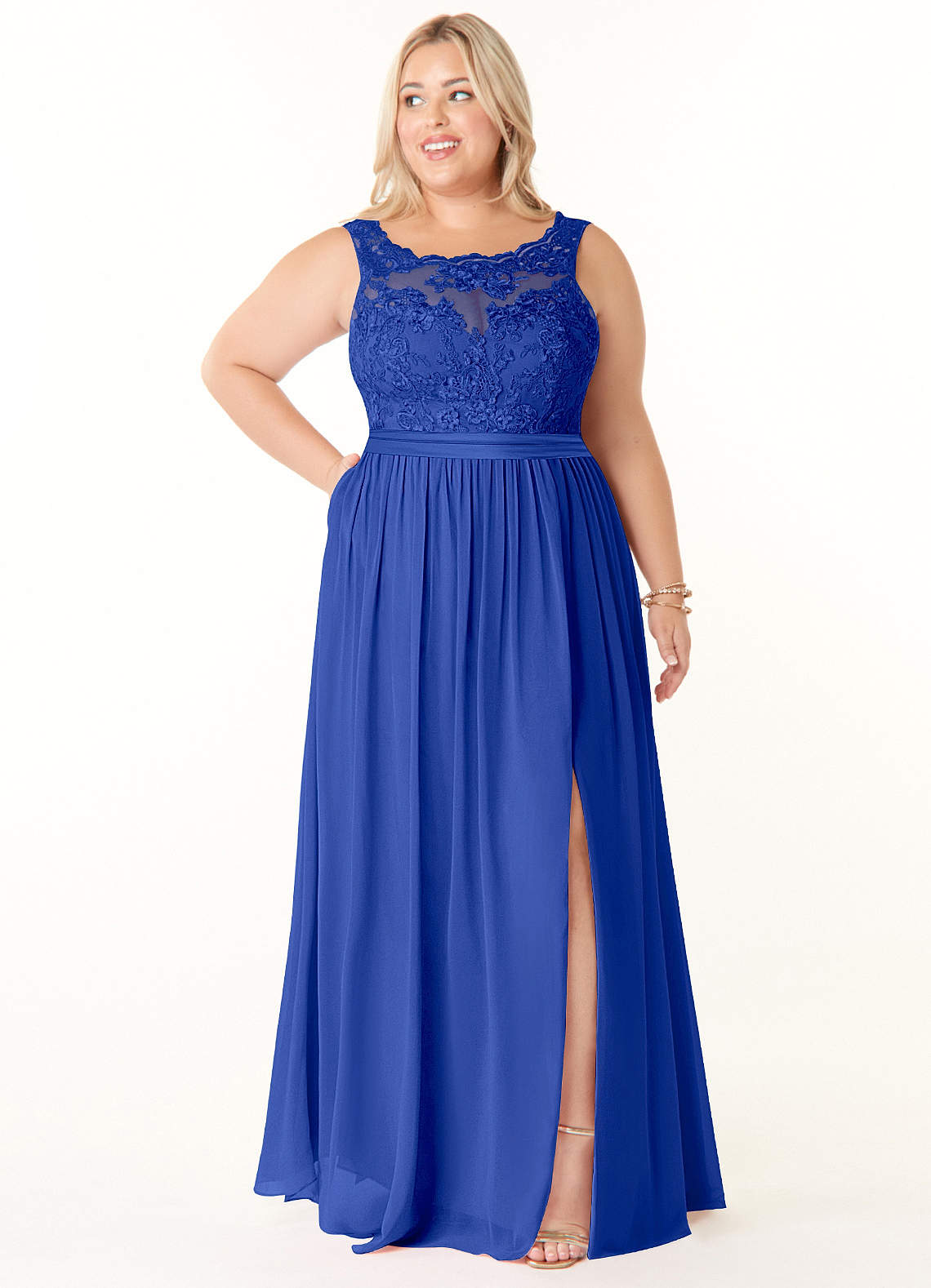 Azazie Elly Abiti da Damigella Abito A-Line in Chiffon Scollo a barchetta in pizzo Blu Reale image1