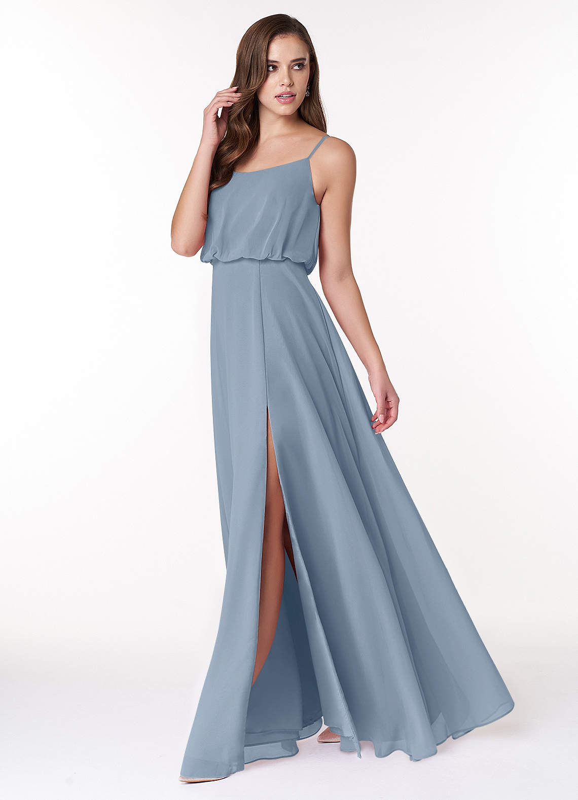 a-line scoop floor-length chiffon bridesmaid dress Azazie Lupe Ready to Ship Dusty Blue Chiffon Bridesmaid Dresses