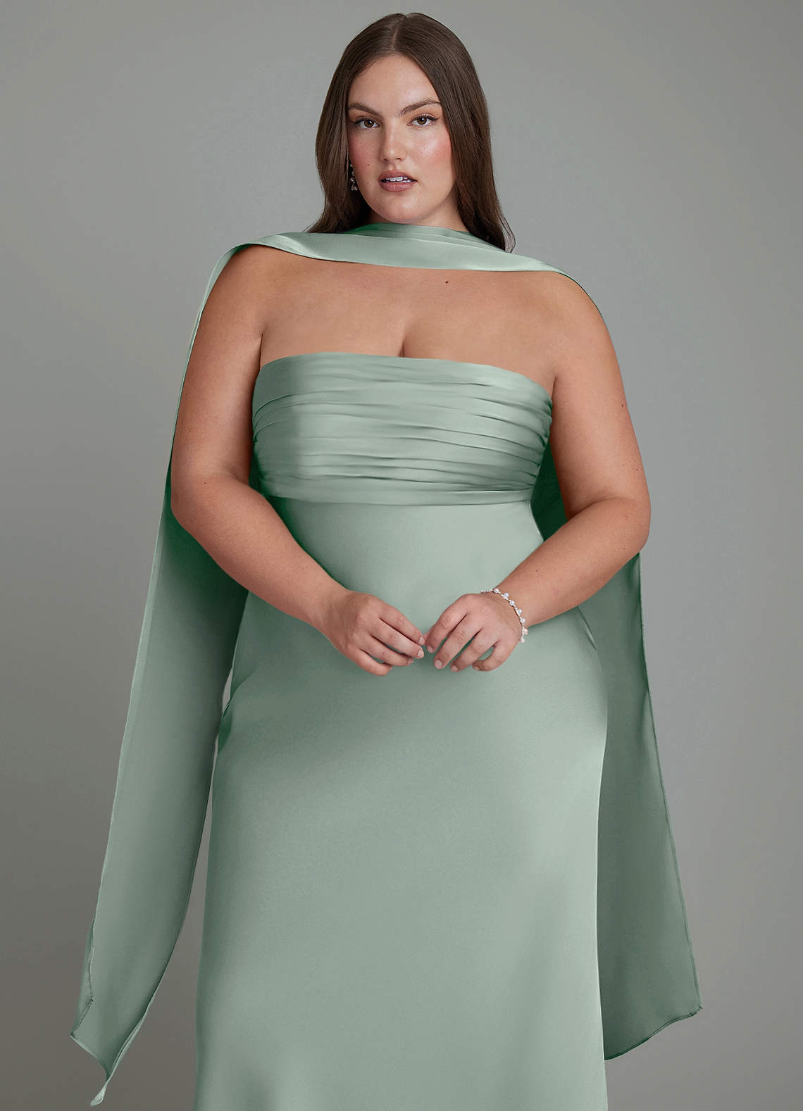 Azazie Saylor At-home Try On Dresses Agave Mermaid Strapless Stretch Satin Dress image17