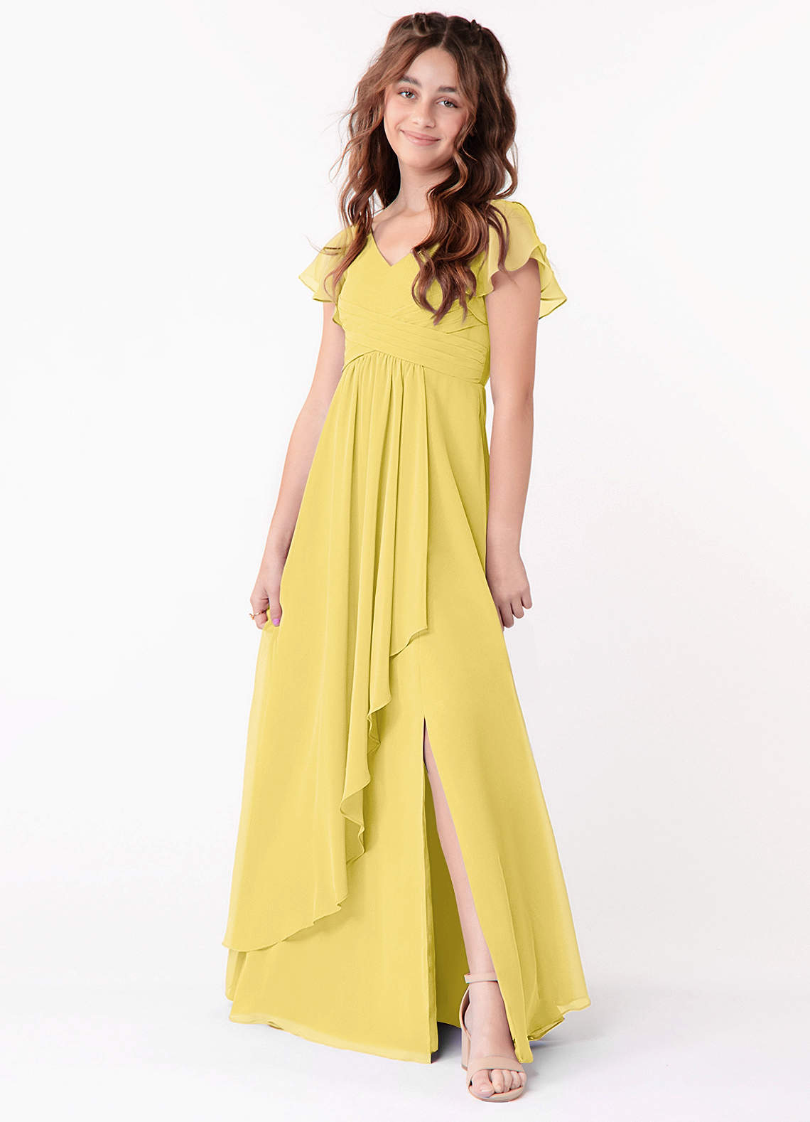 Azazie Omari Junior Canary A-Line Ruched Chiffon Dress image1