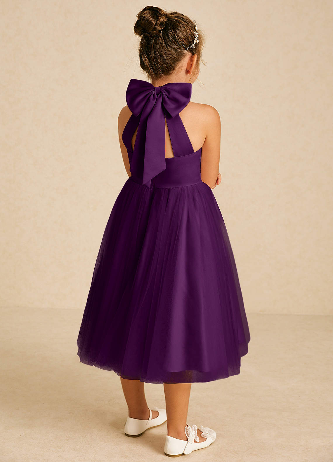 Azazie Dora Flower Girl Dresses Grape A-Line Bow Tulle Dress image1