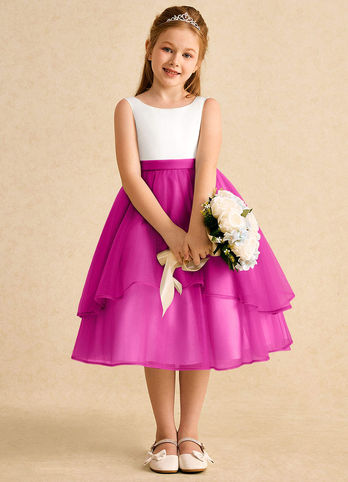 Azazie Rene Blumenmädchenkleider A-Linie Schleifen Tüll Kleid Elfenbein Fuchsia image5