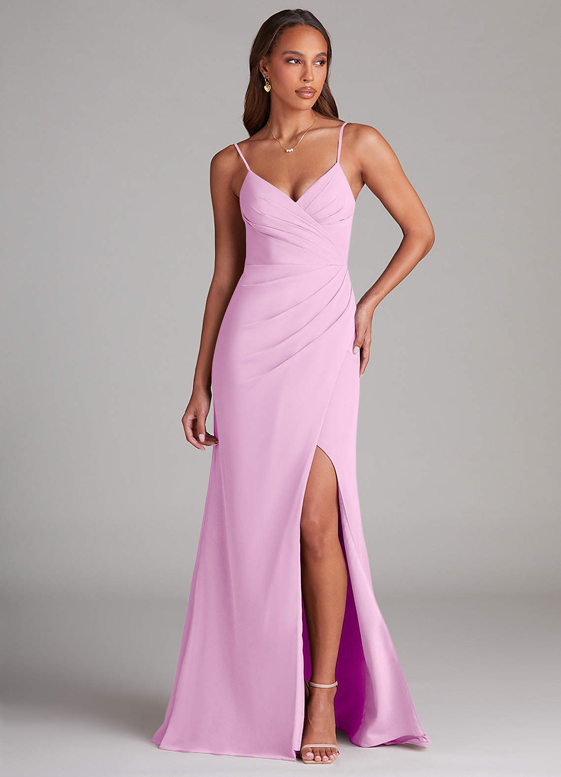 Azazie Maci Bridesmaid Dresses Candy Pink Sheath Pleated Chiffon Dress image1