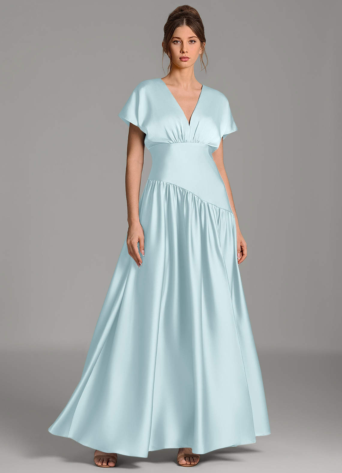 teal grey bridesmaid dresses Azazie A-Line V-Neck Floor-Length Stretch Satin MostLoved