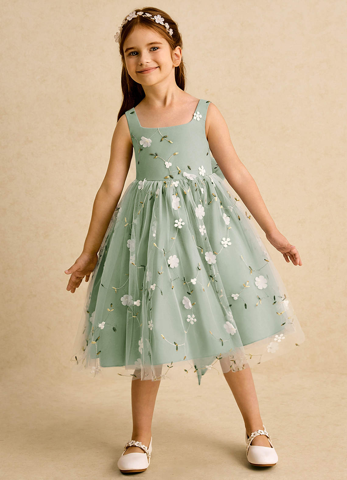 Azazie Bean Flower Girl Dresses Dusty Sage Ball-Gown Sleeveless Tulle Dress image2
